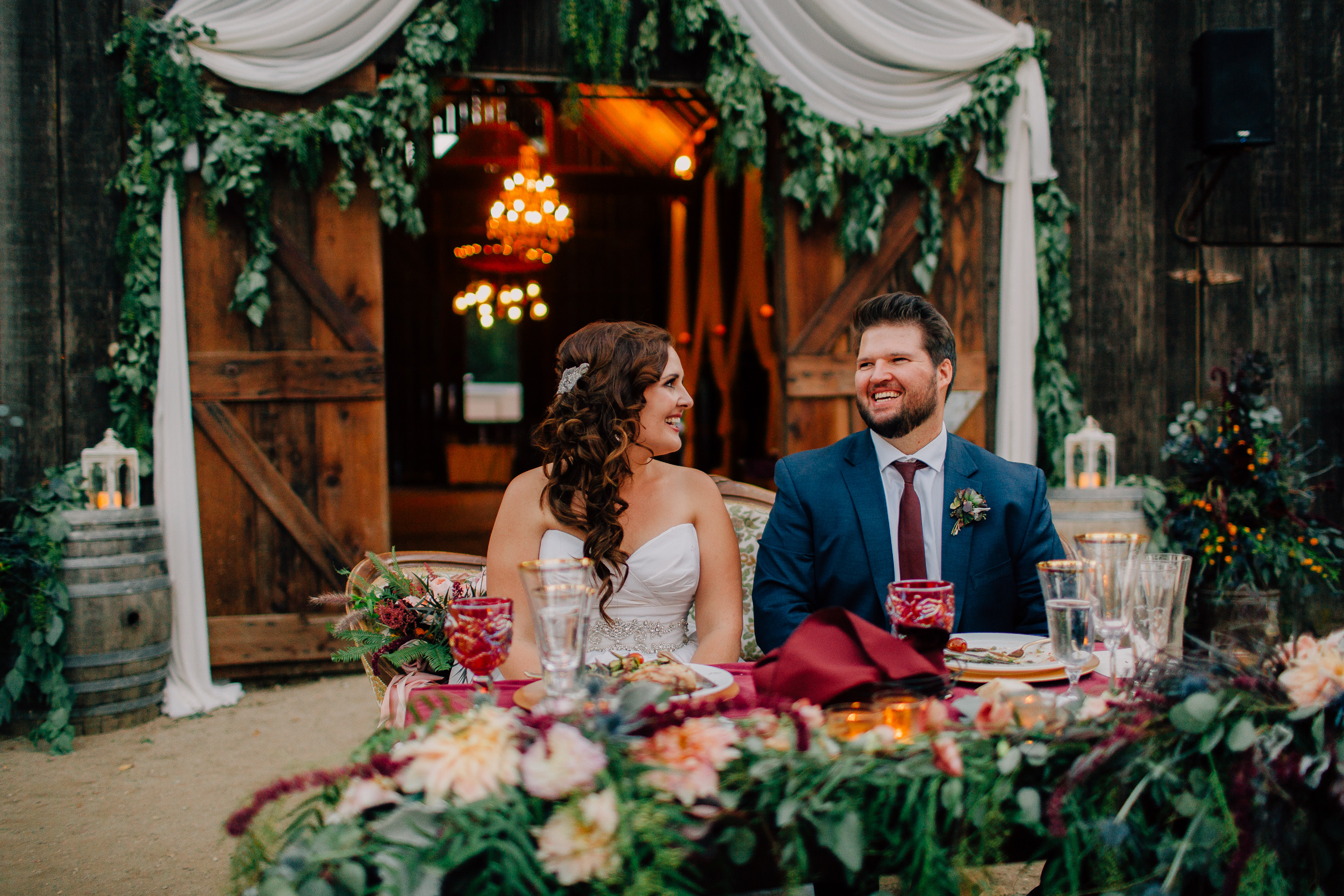 bride and groom seated