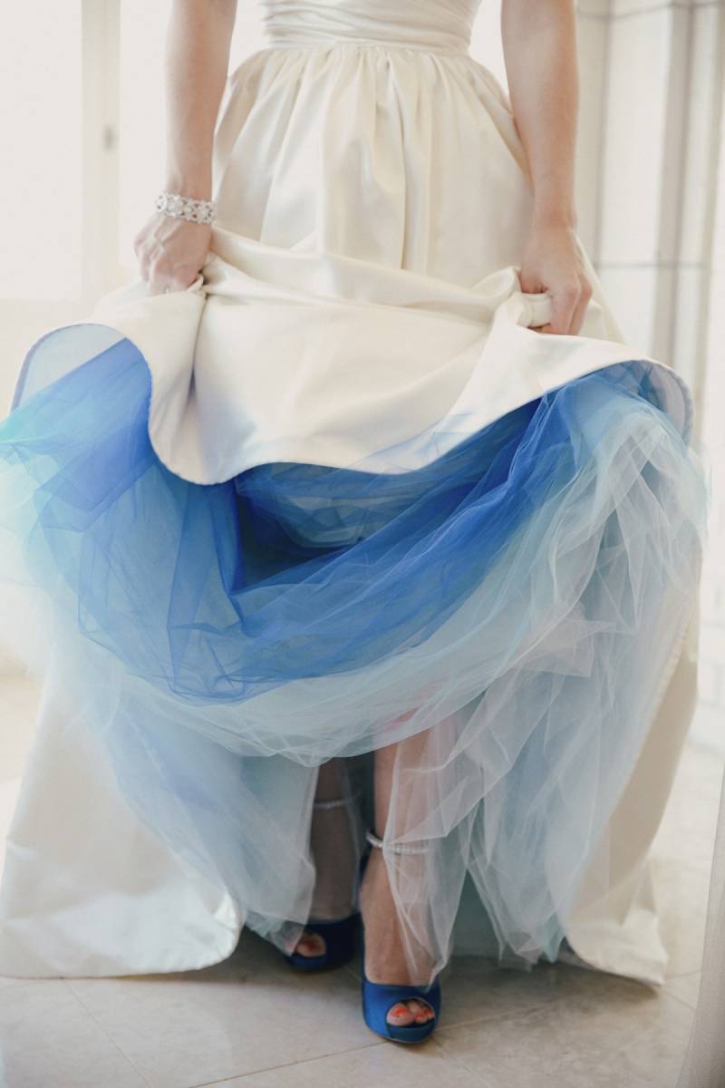 bride, untraditional wedding dress, blue tulle, blue heels, something blue, fashion, wedding dress