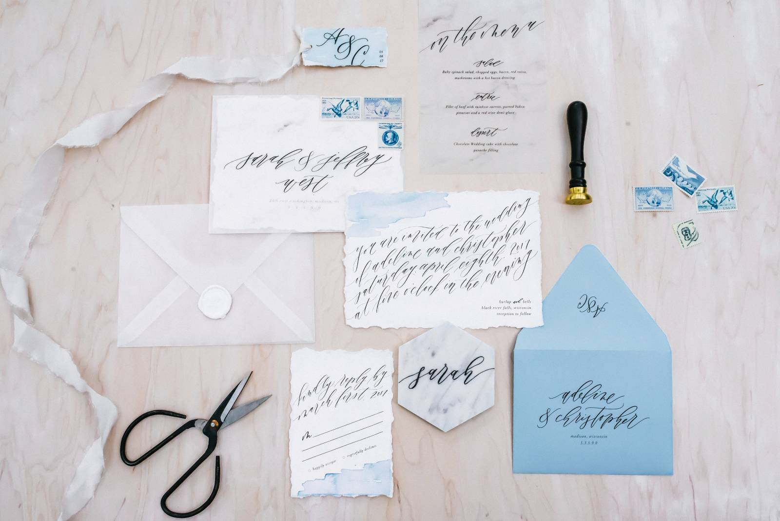 fine art wedding stationery, calligraphy, invitations, invitation suite, blue invitations, watercolo