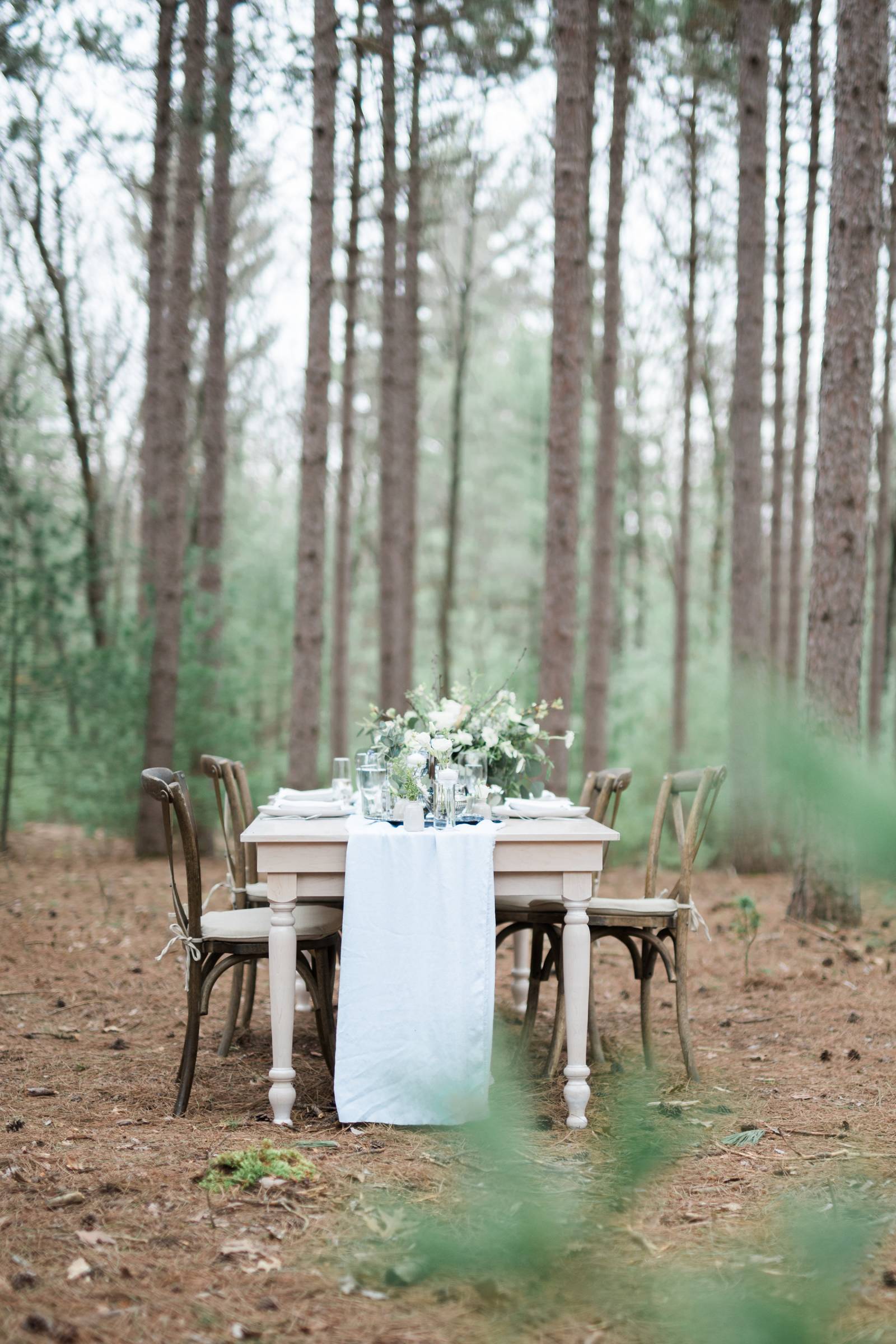 woods wedding, tablescape, fine art wedding, wood chairs, north woods wedding