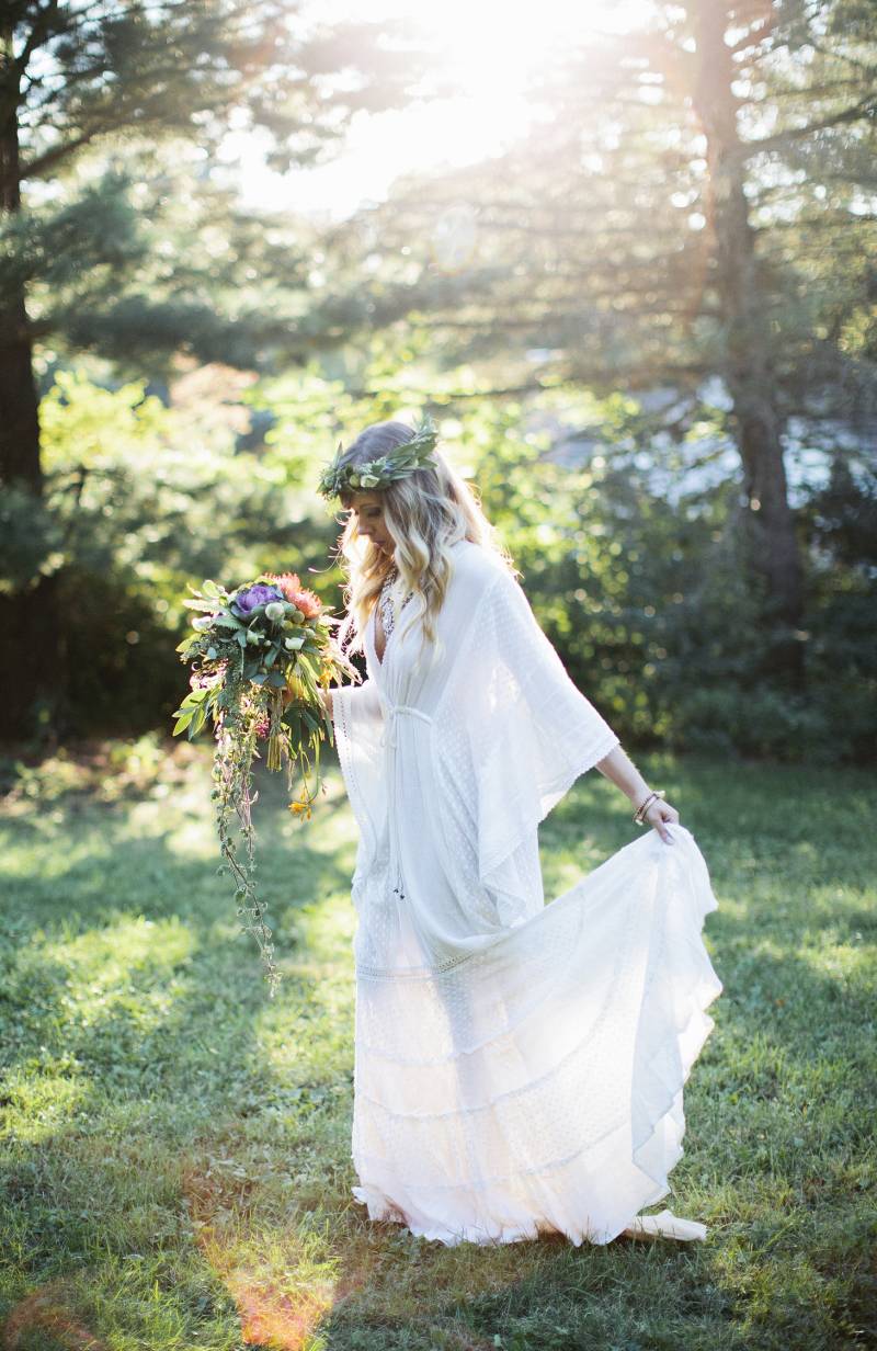 boho wedding dress, boho bridal dress, gown, floral head crown