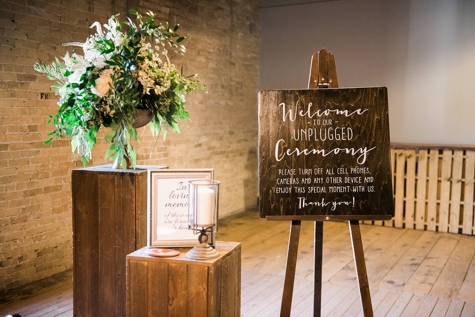 unplugged ceremony sign signage floral decor