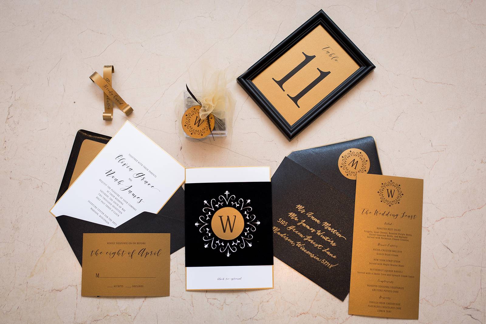 black gold invitations, invite, invites, invitation suite, black gold monogram invitation suites