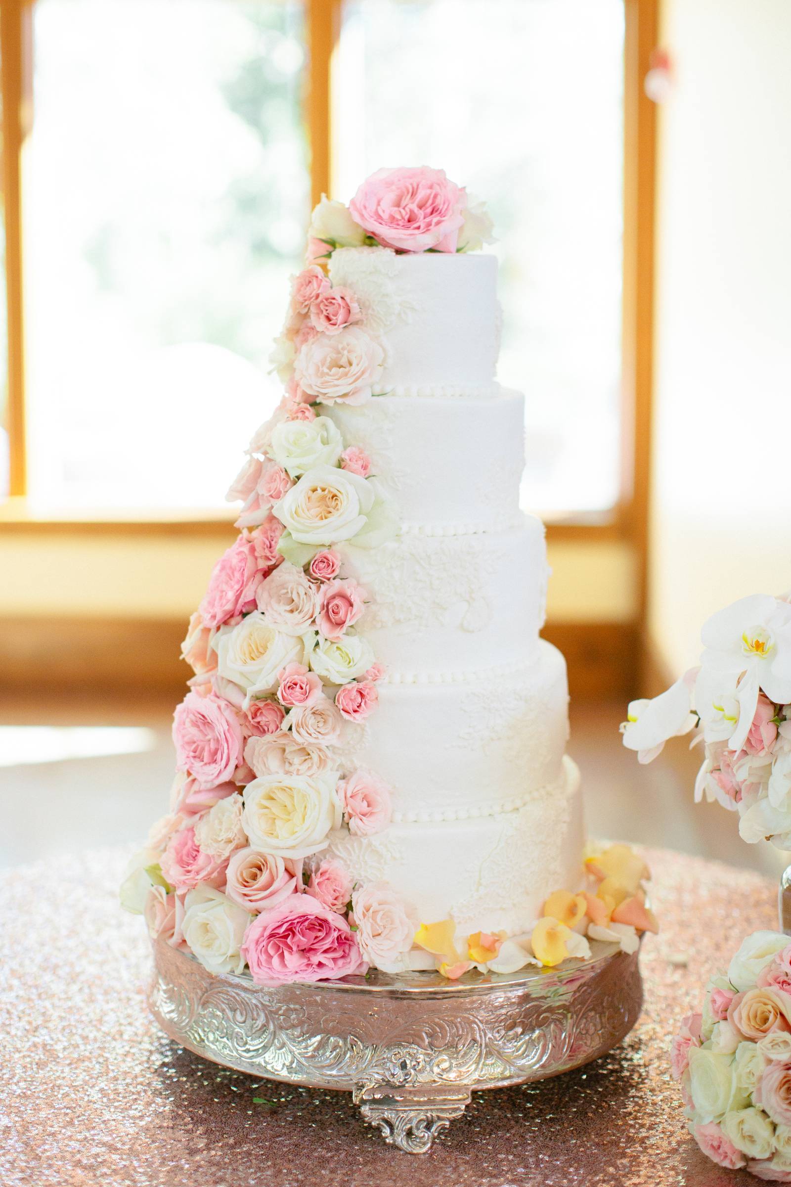White Wedding Cake with Pink Flowers