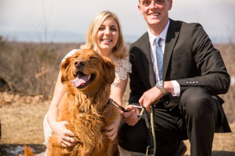 Dog smiling during couple's portrait