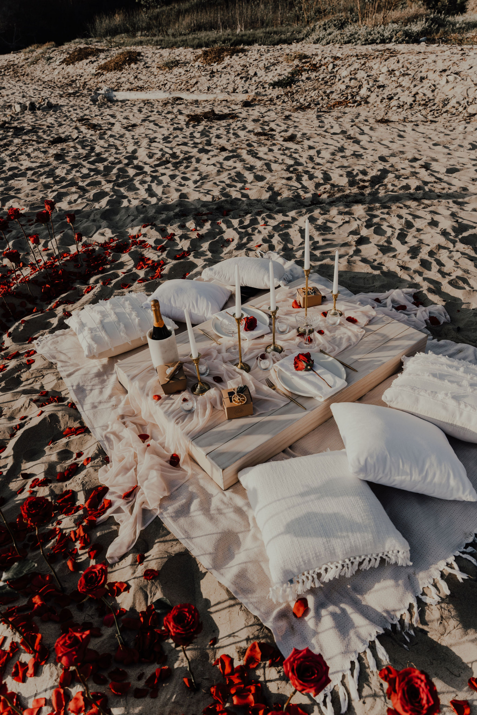 beach, engagement, roses, candles, pillows
