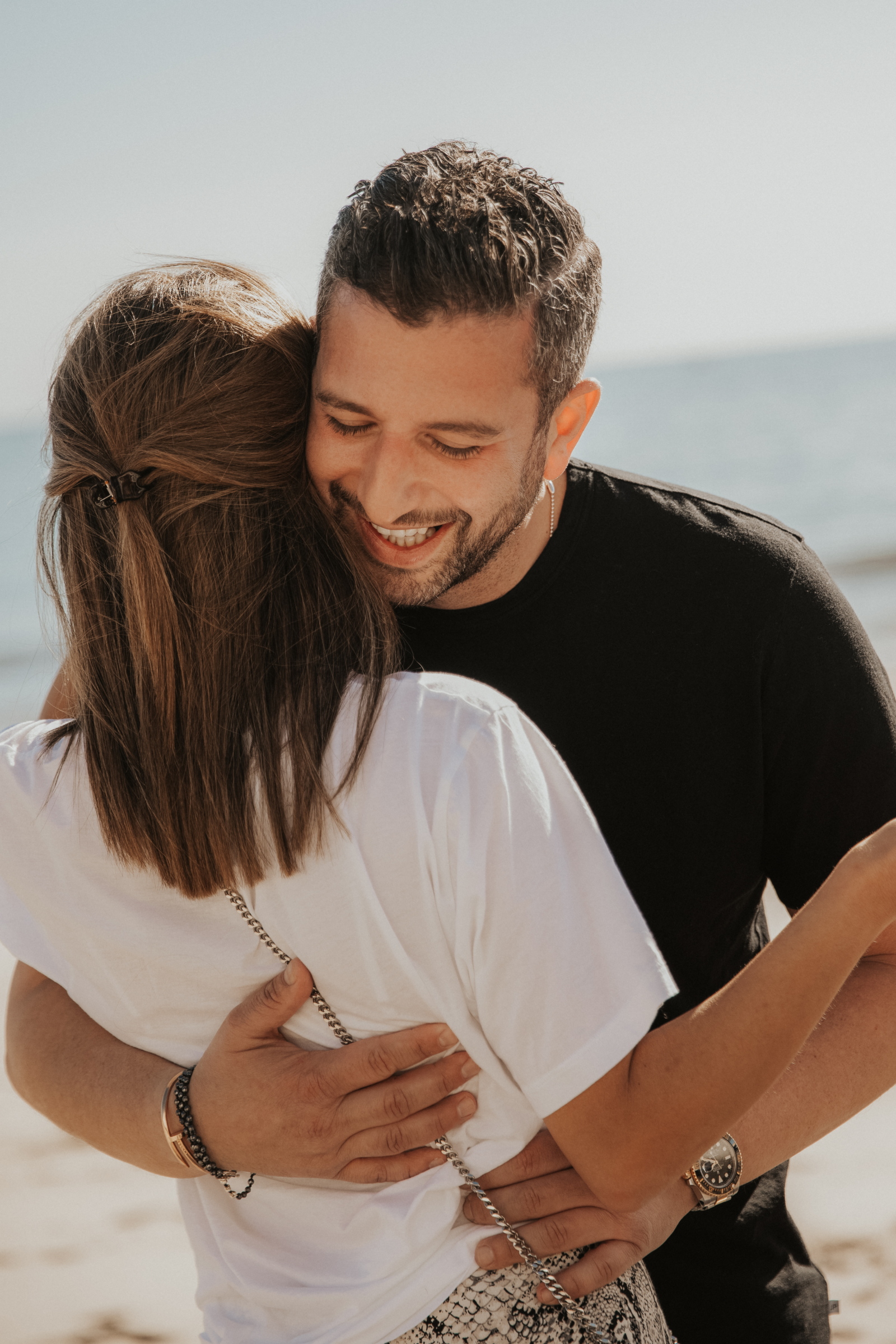 couple, hug, beach, engagement