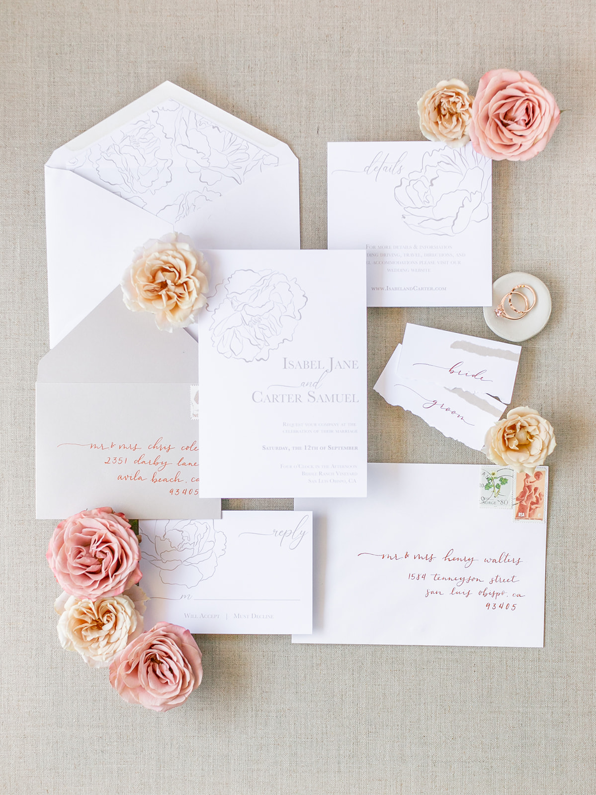 invitation, stationary, flowers, details