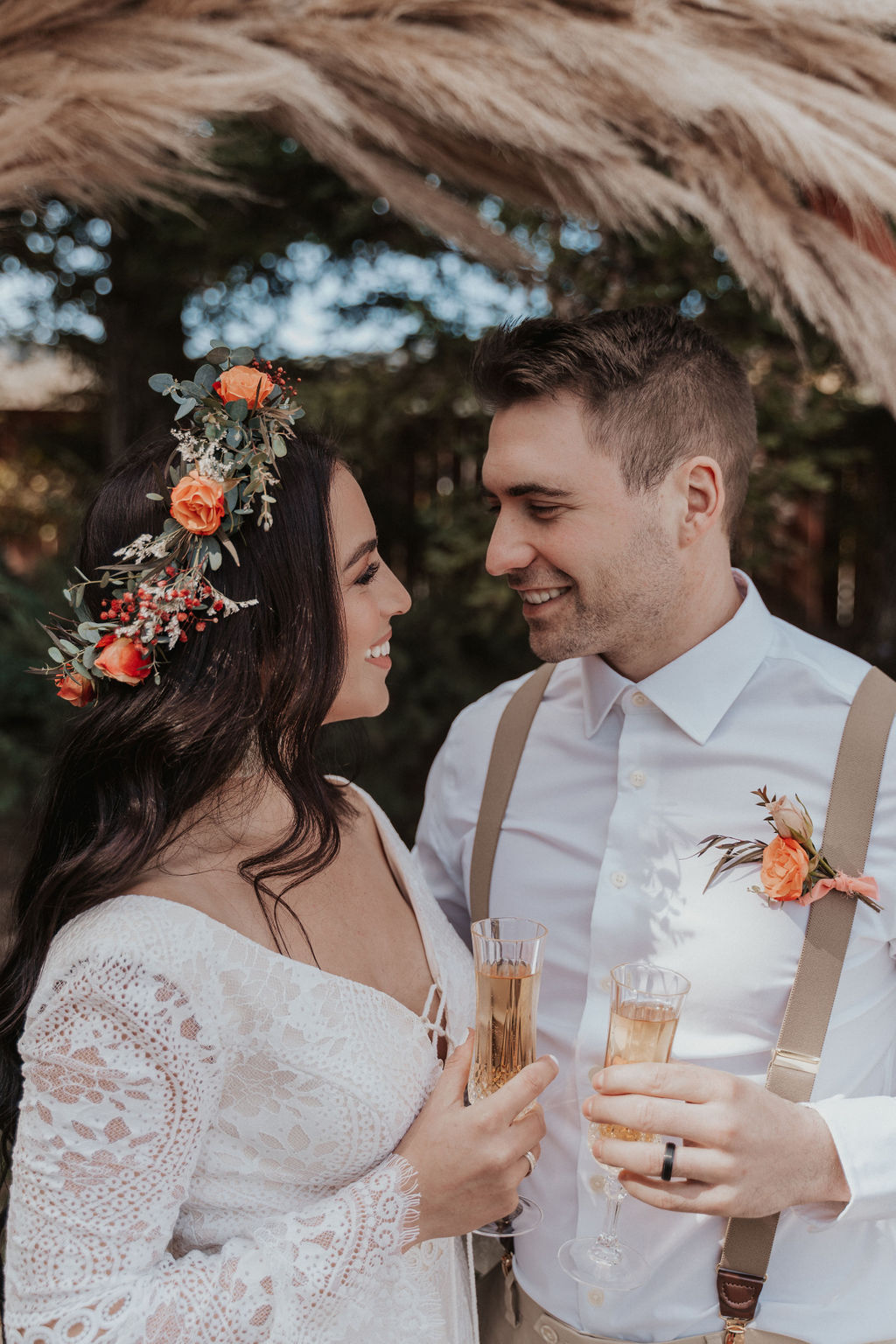 bride, groom, champagne, boutonniere, flower crown, makeup