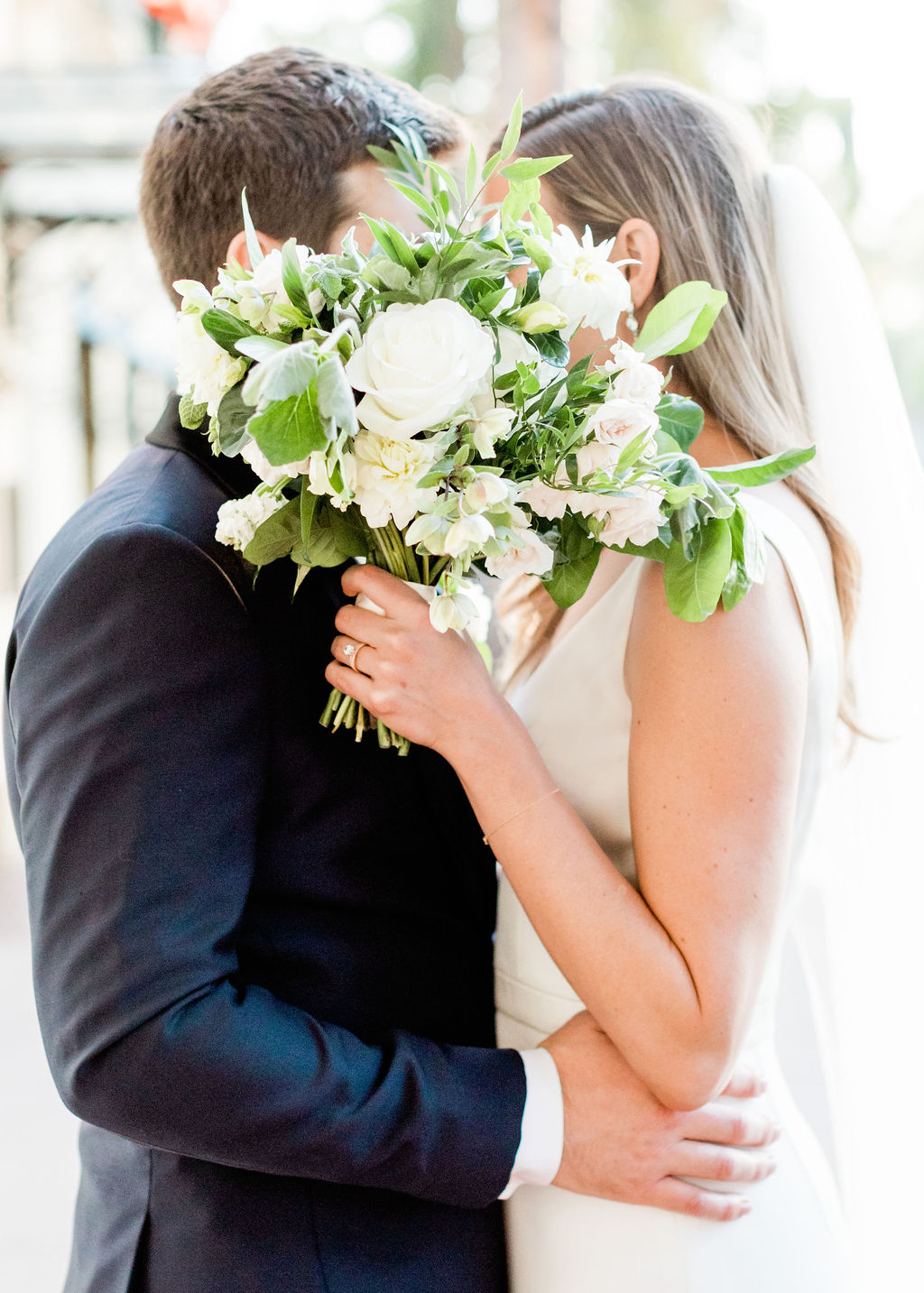 bride, groom, bouquet, flowers, white, green