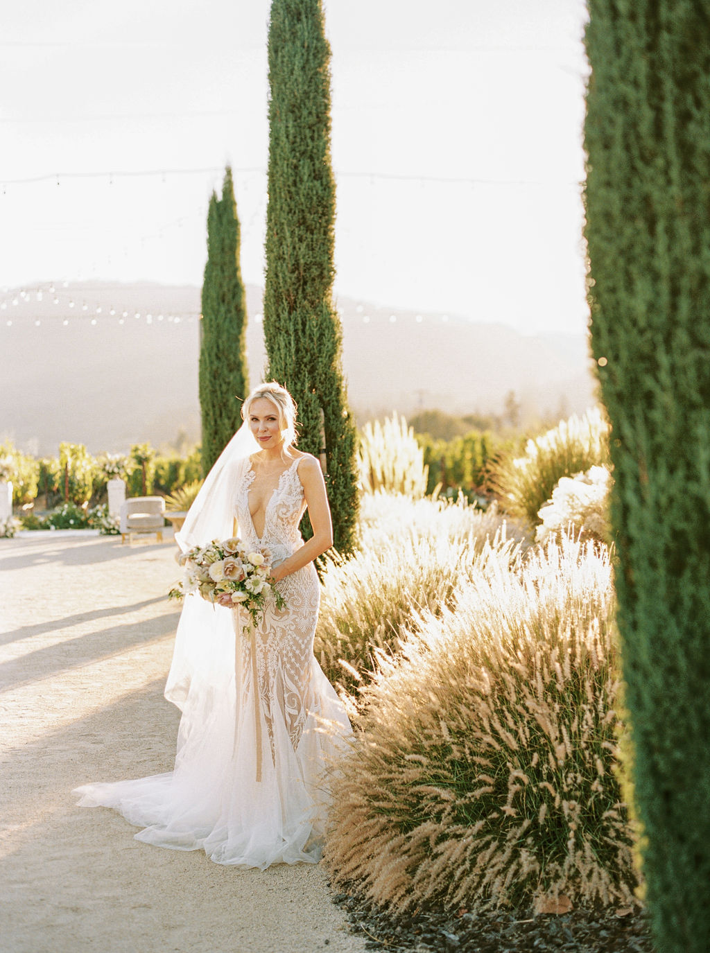 bride, vineyard, model, bouquet, gown, dress, hair, beauty