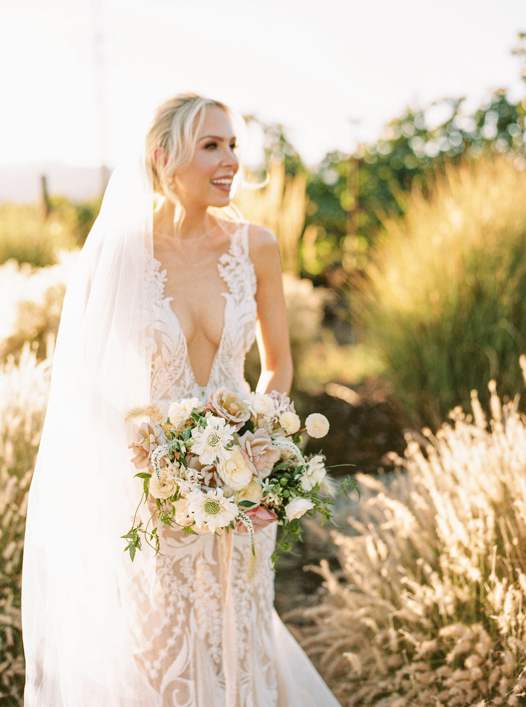 bride, vineyard, model, bouquet, gown, dress, hair, beauty