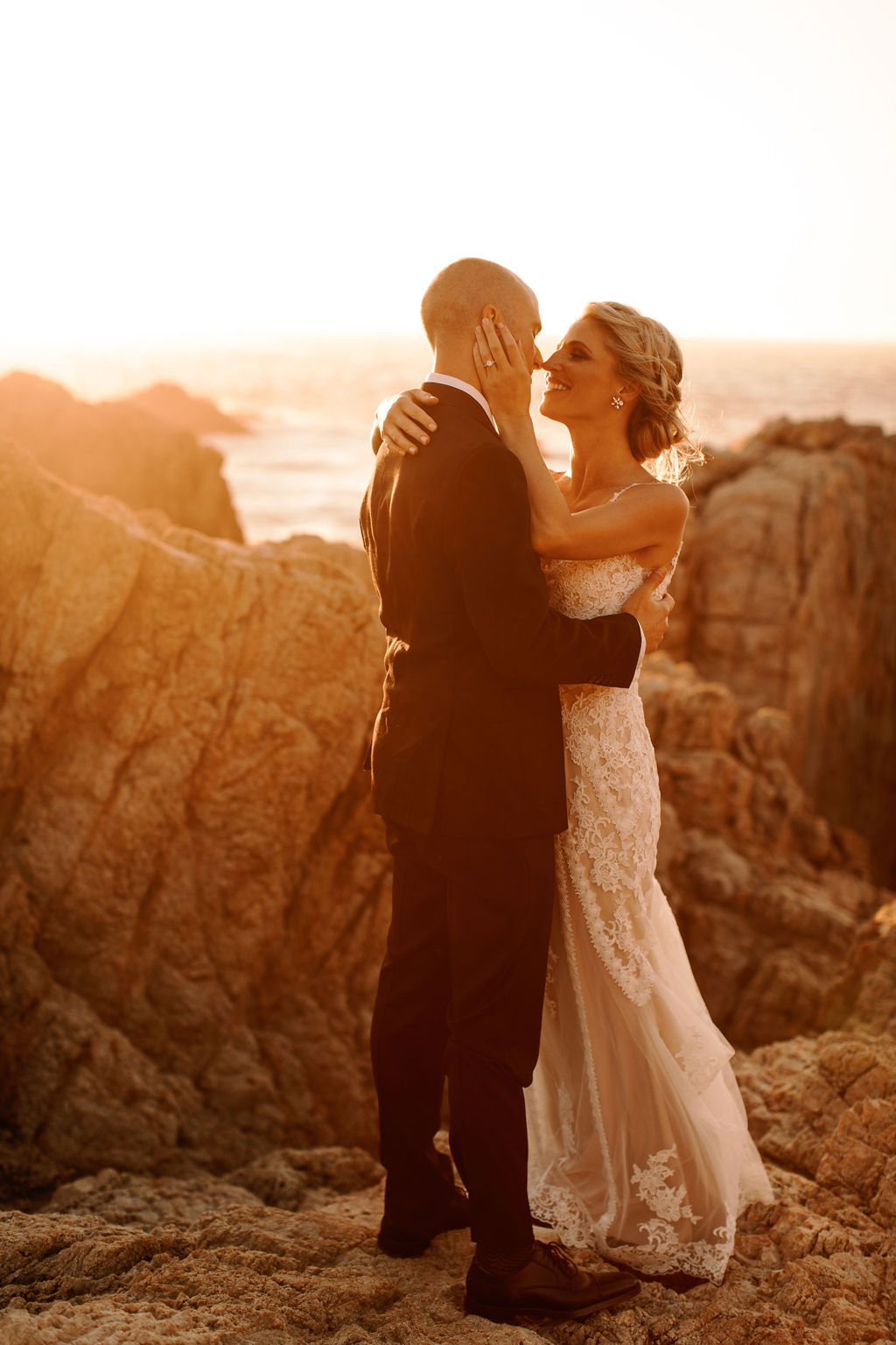 bride, groom, sunset, suit, gown, dress
