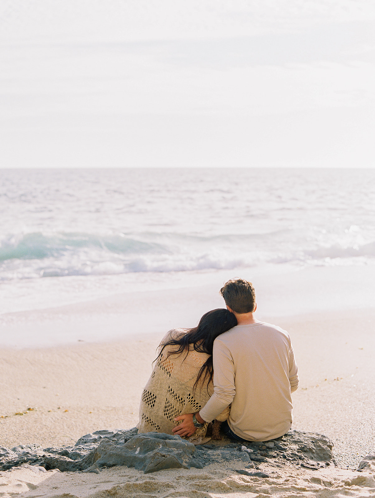 engagement, beach, hug, cuddle, bride