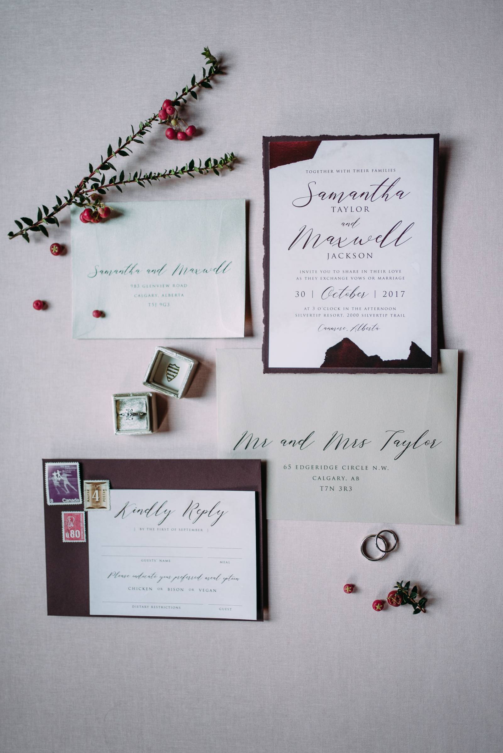 Cranberry wedding color palette on wedding invitation suite