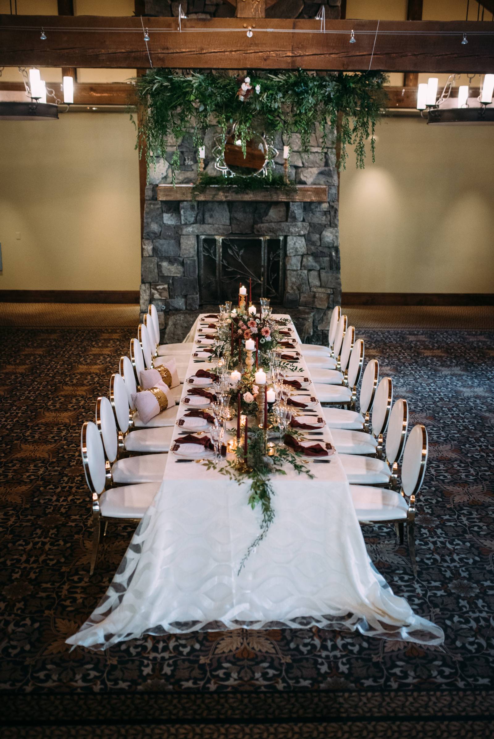winter wedding reception decor with wine and green color palette