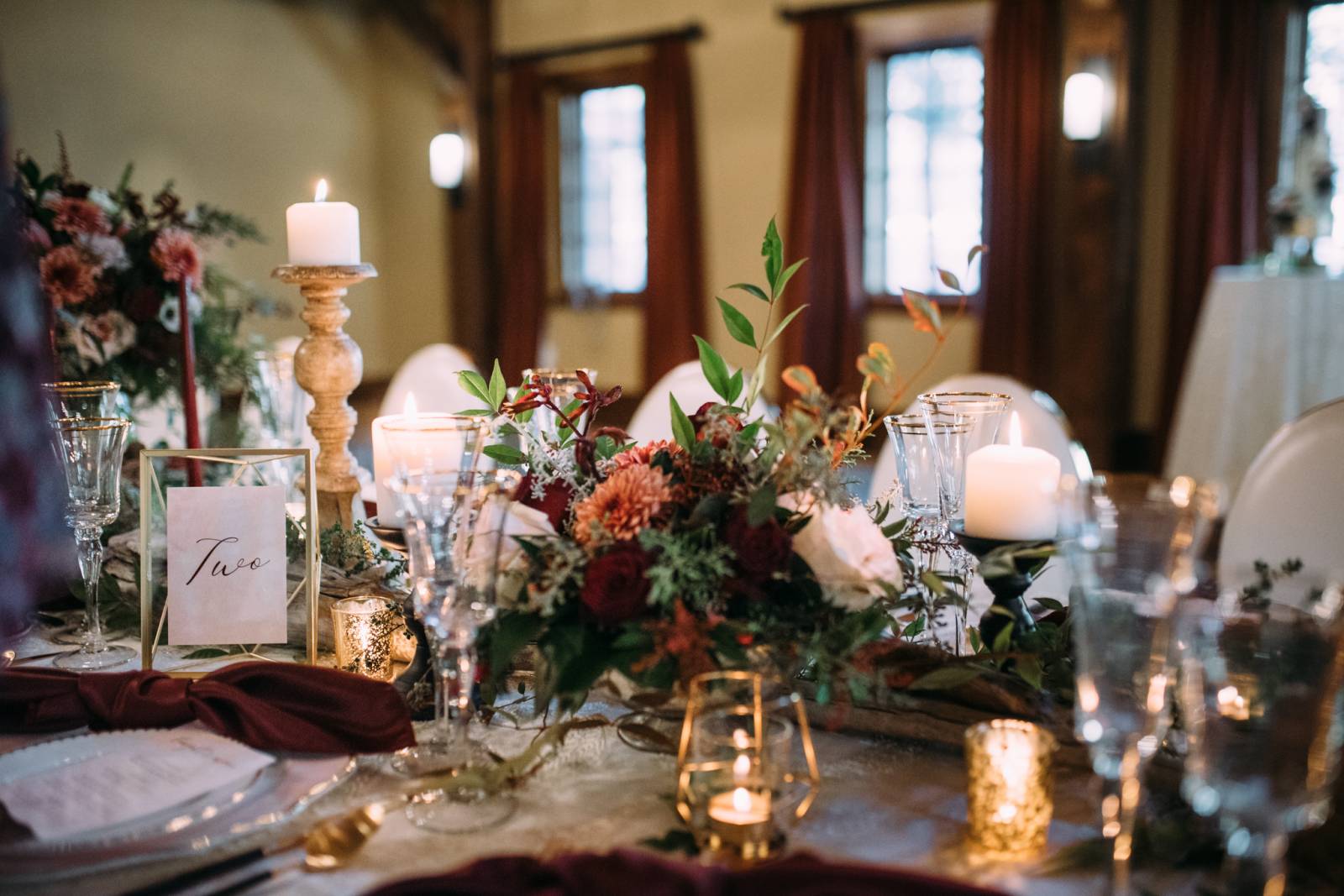 gold and wine wedding color palette table decor