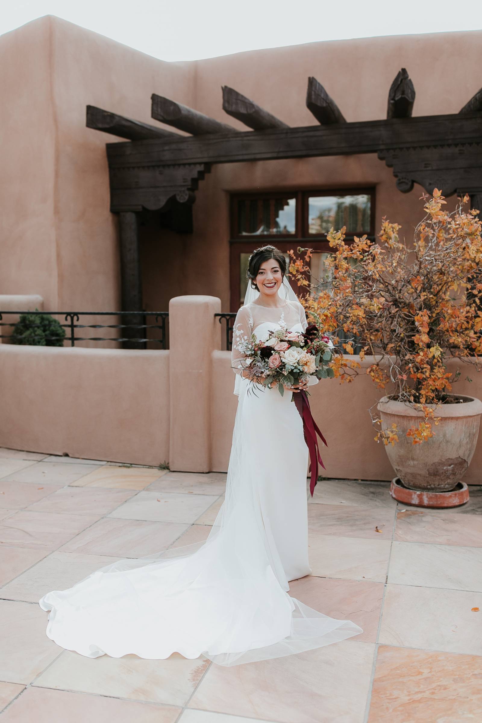 Sante Fe bridal portrait outside at La Fonda on the Plaza wedding venue