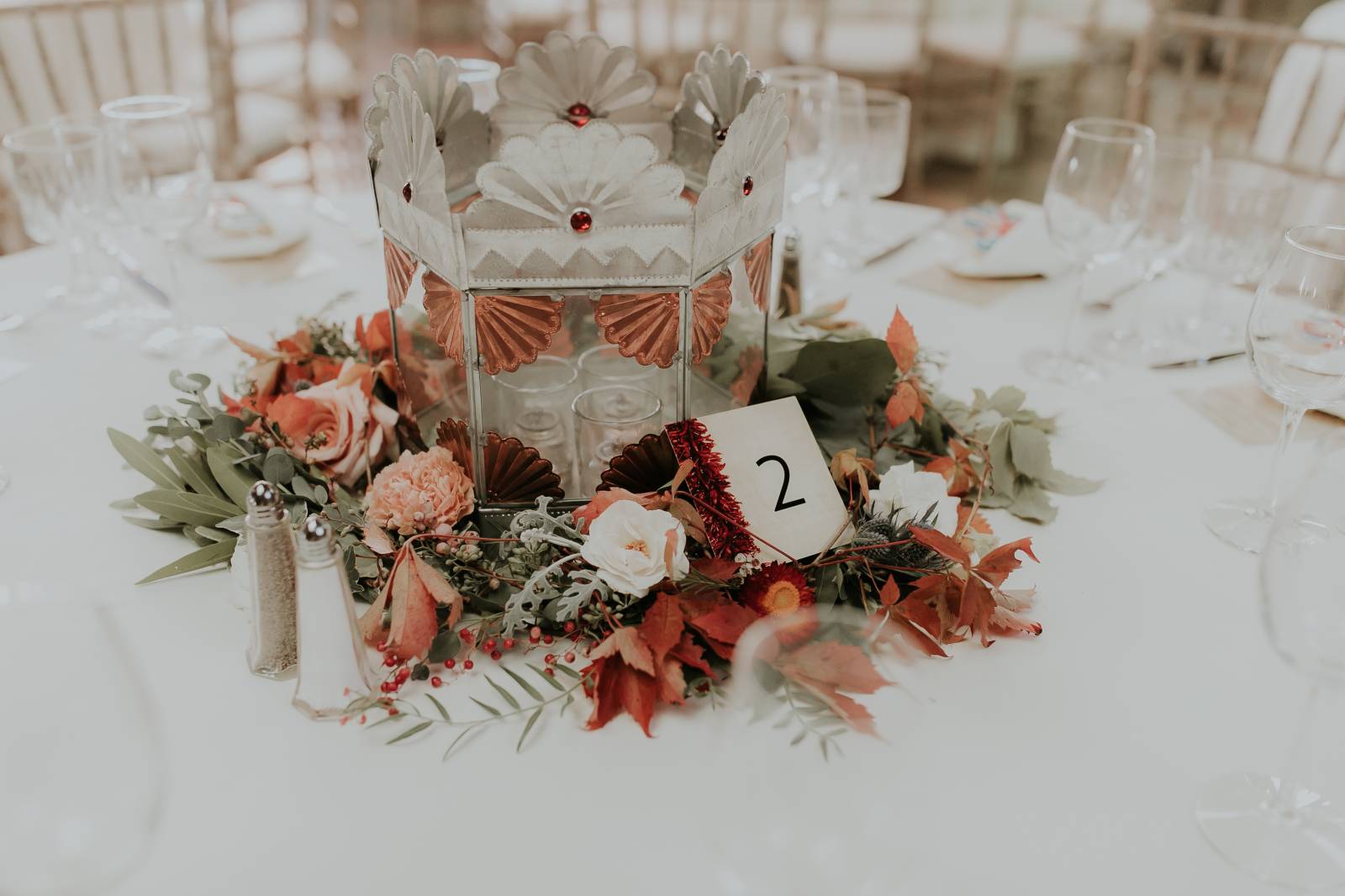 blush red and green floral centerpieces for southwestern Santa Fe wedding