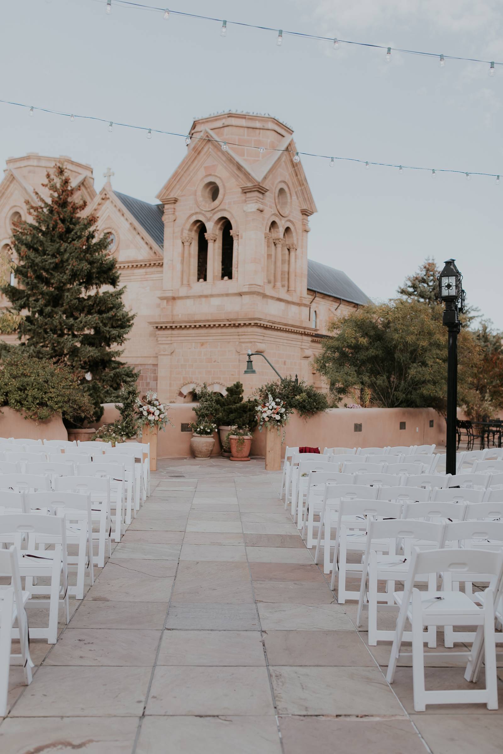 wedding ceremony setup at Santa Fe wedding venue La Fonda on the Plaza
