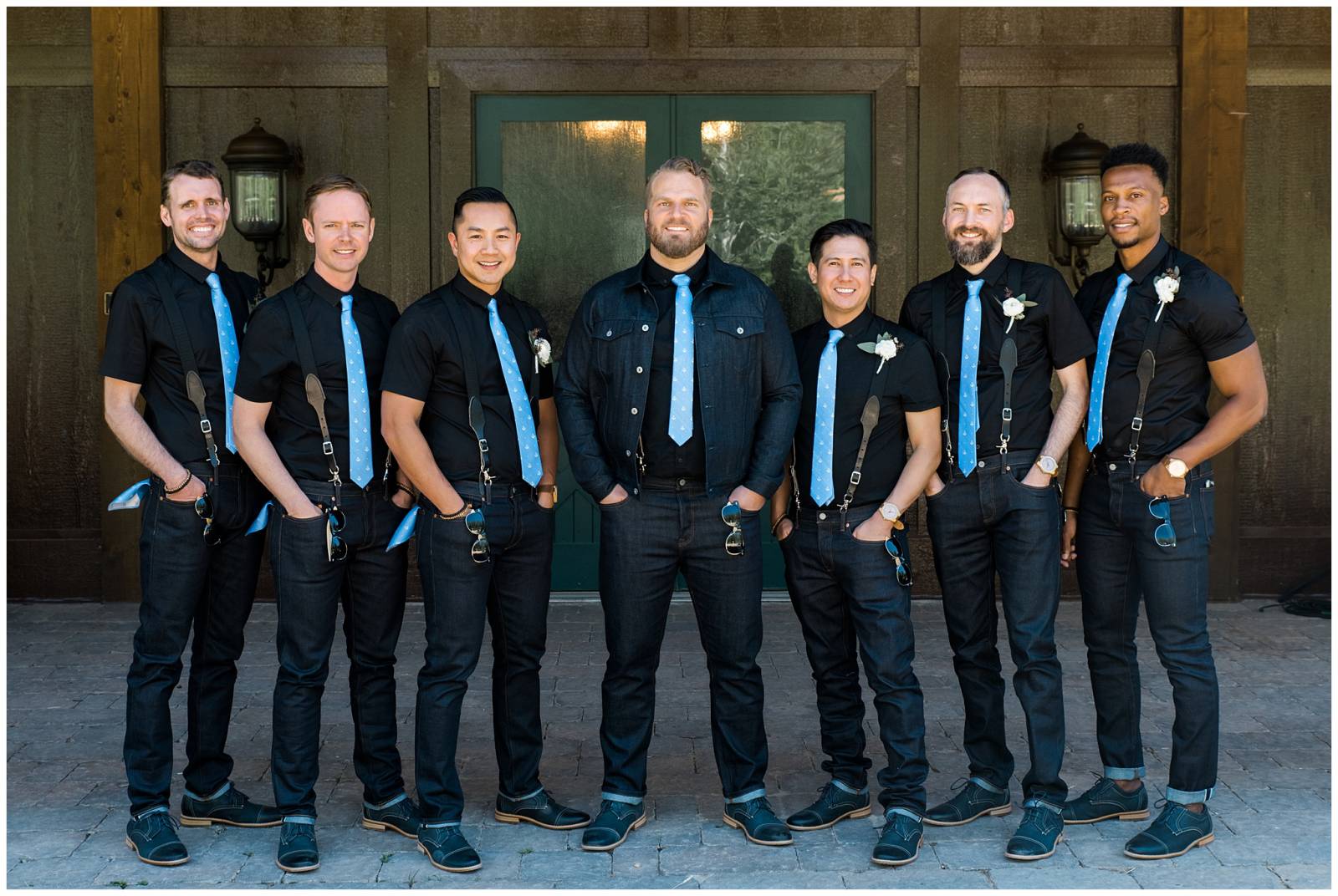 groom and groomsmen in denim and polka dot ties