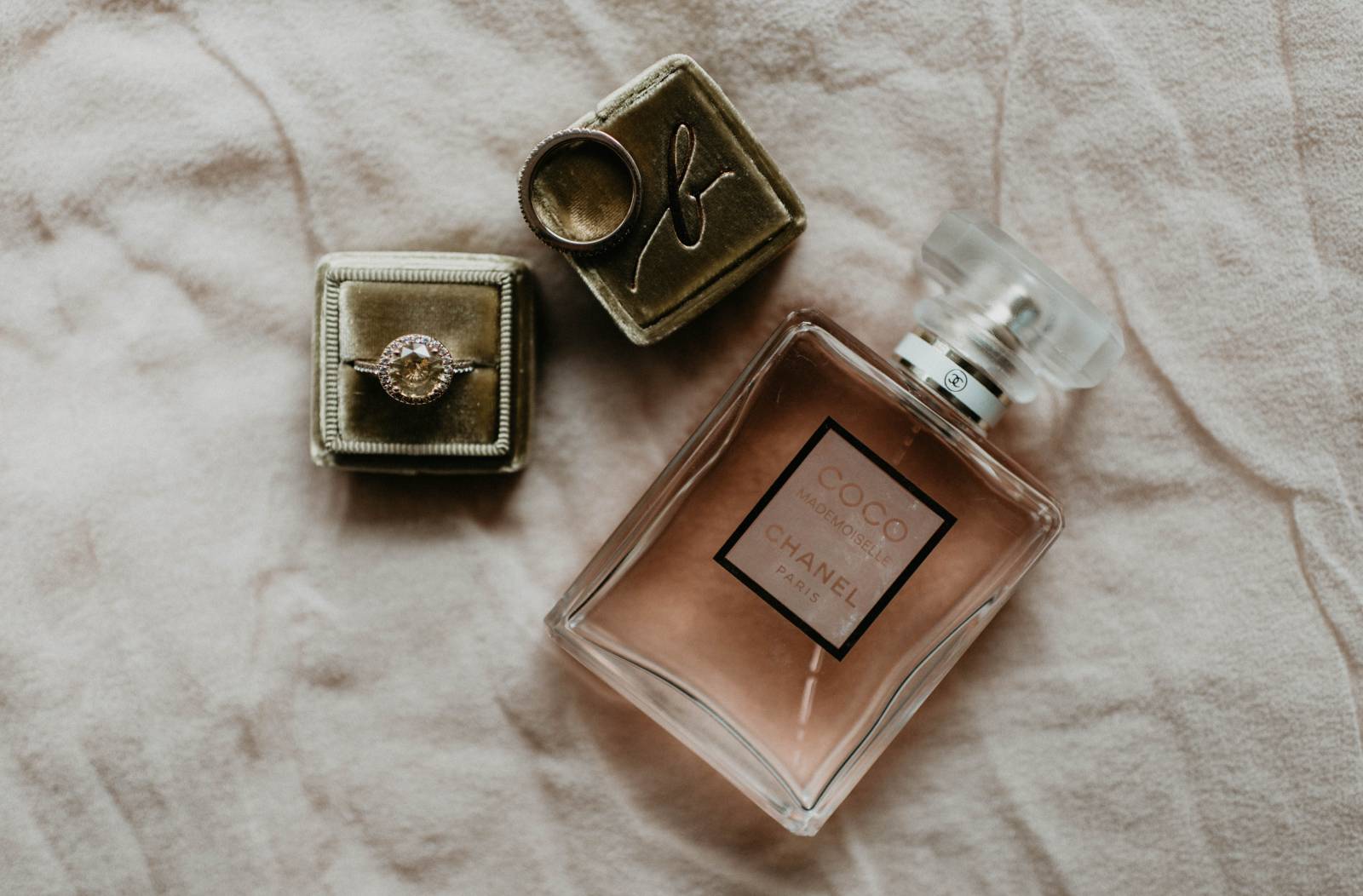 wedding rings and perfume