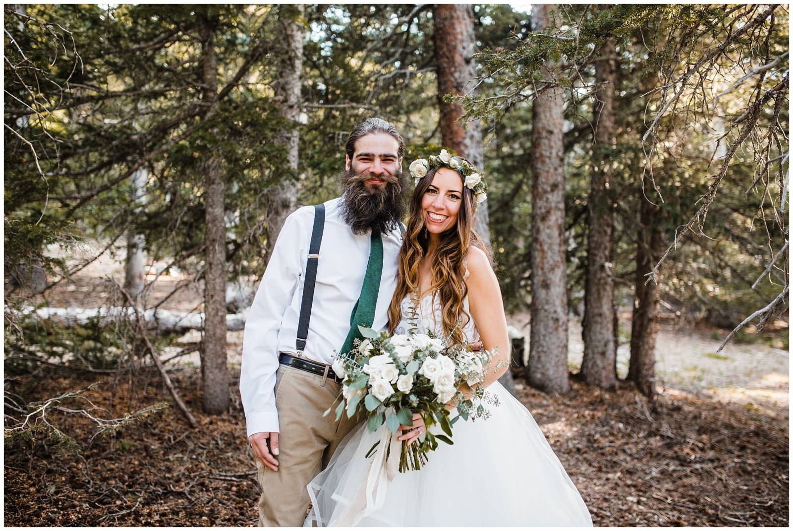 portrait of nature whimsical bride and groom at outdoor elopement