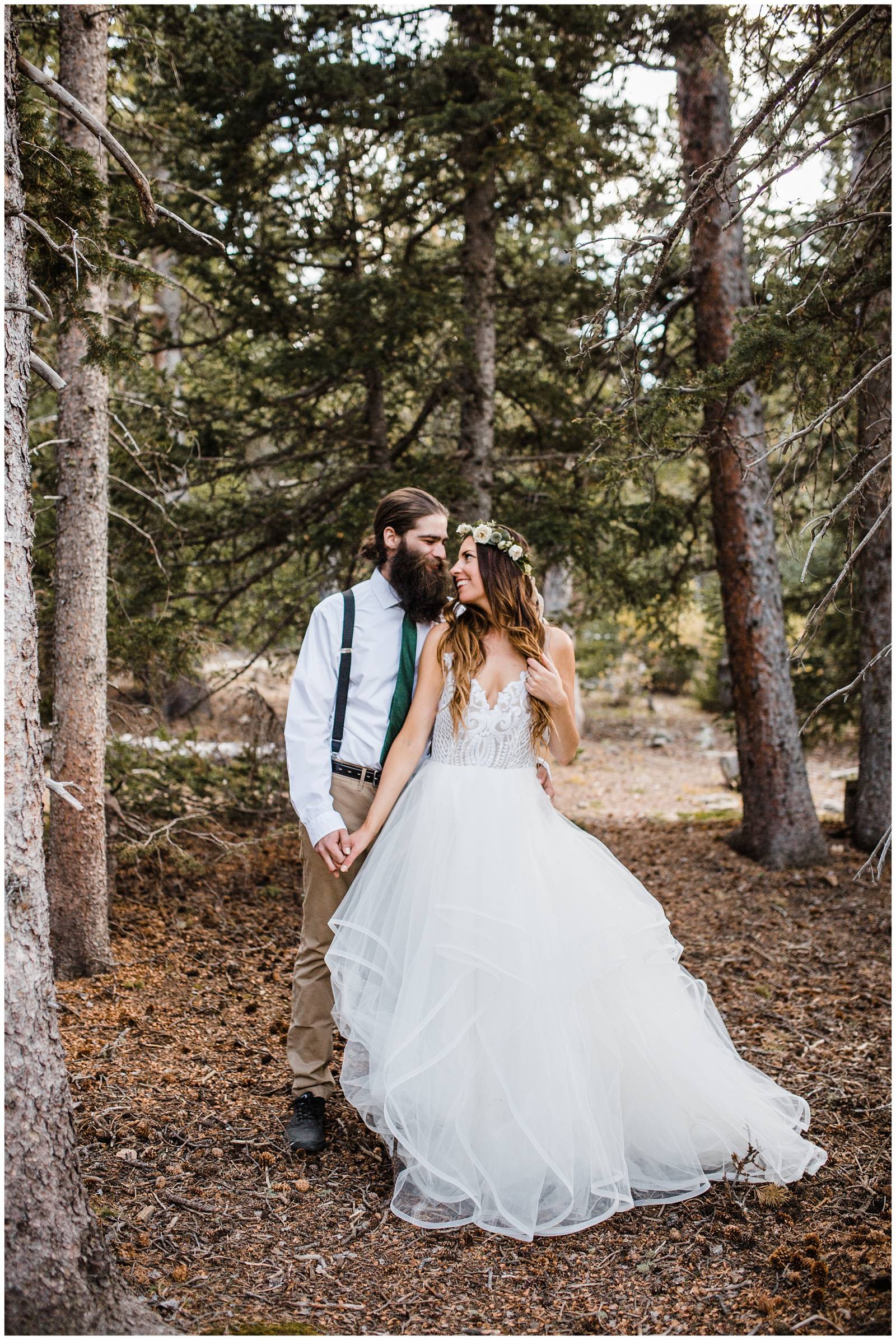 black and white portrait of bride and groom eloping in Colorado mountains