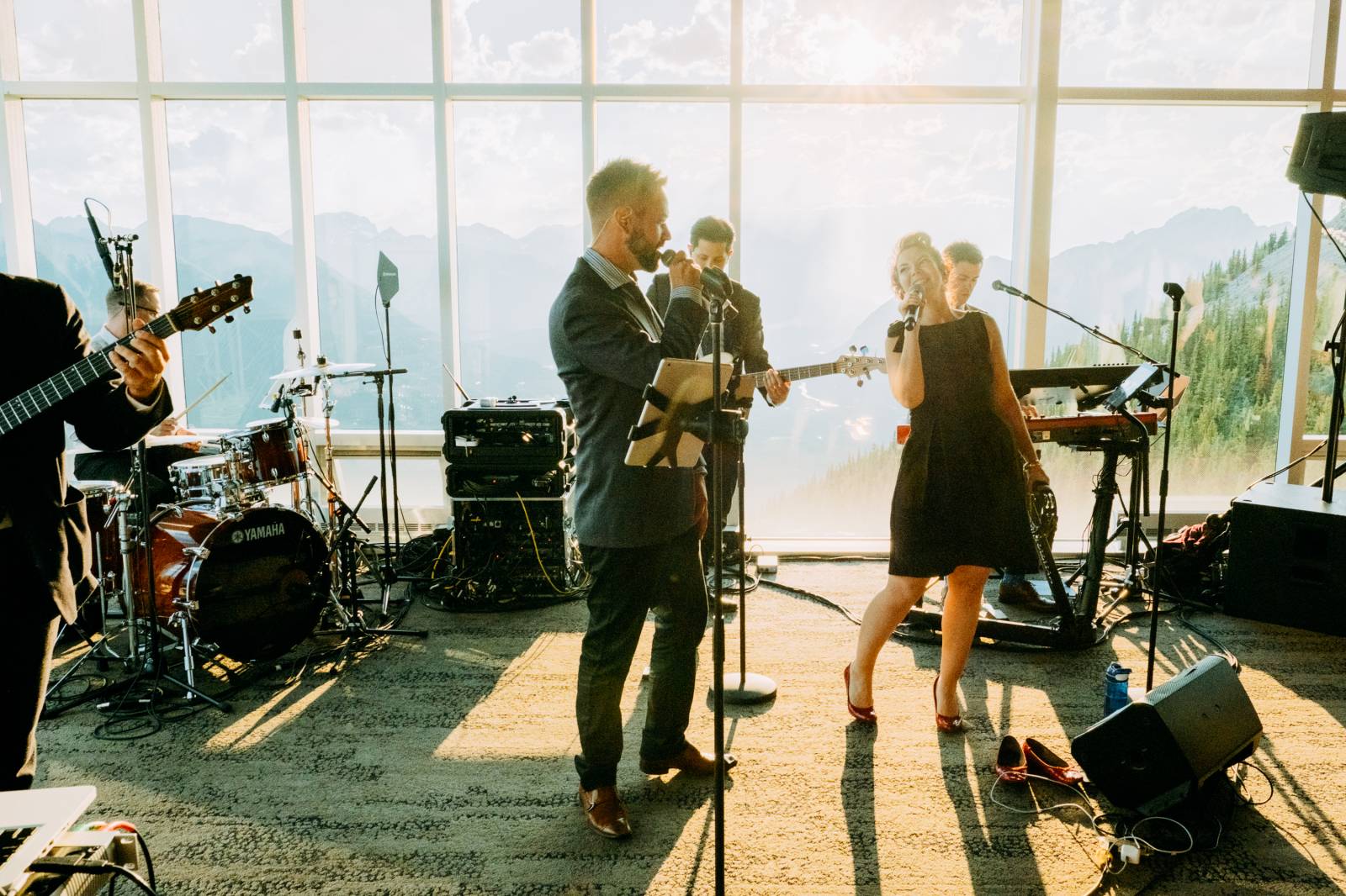 band playing at mountain top wedding reception