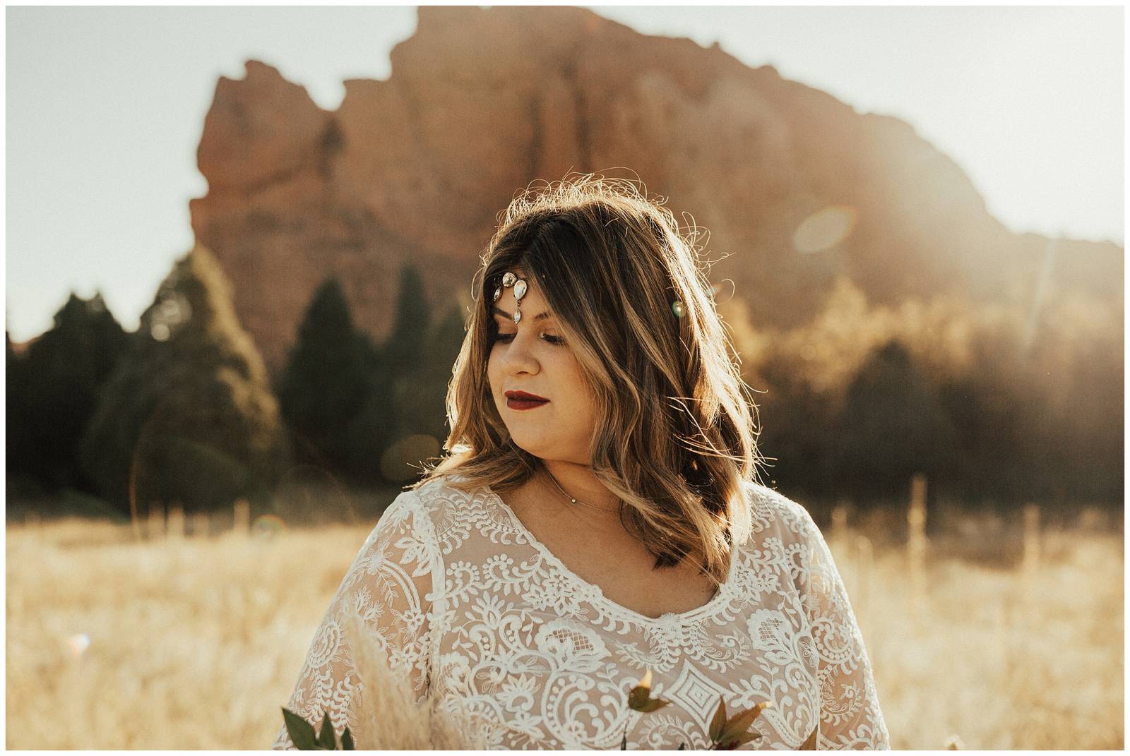 bohemian bridal portrait | bride in lace wedding gown | Colorado wedding inspiration