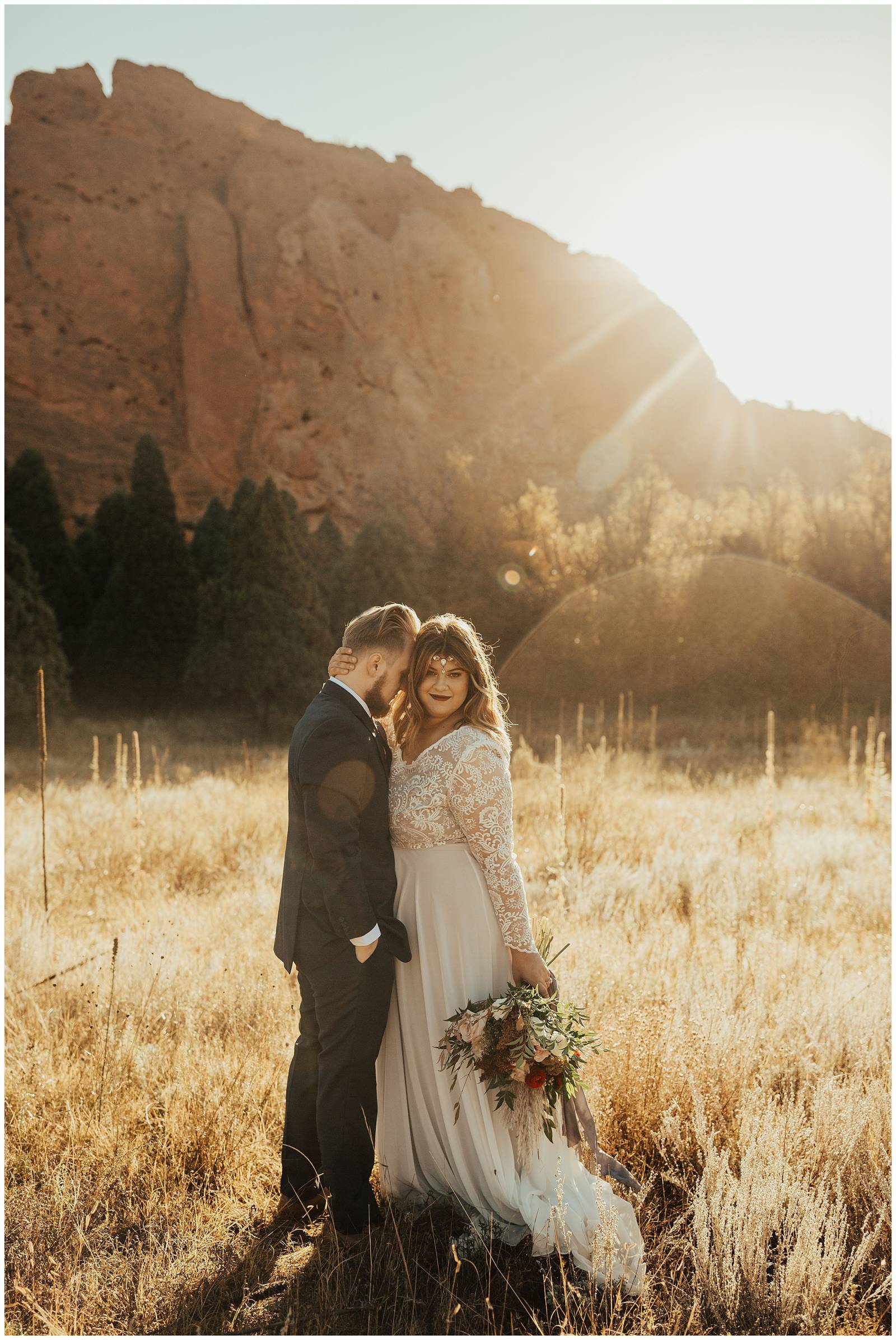 bohemian sunset wedding portrait | bride in lace wedding gown | Colorado wedding inspiration