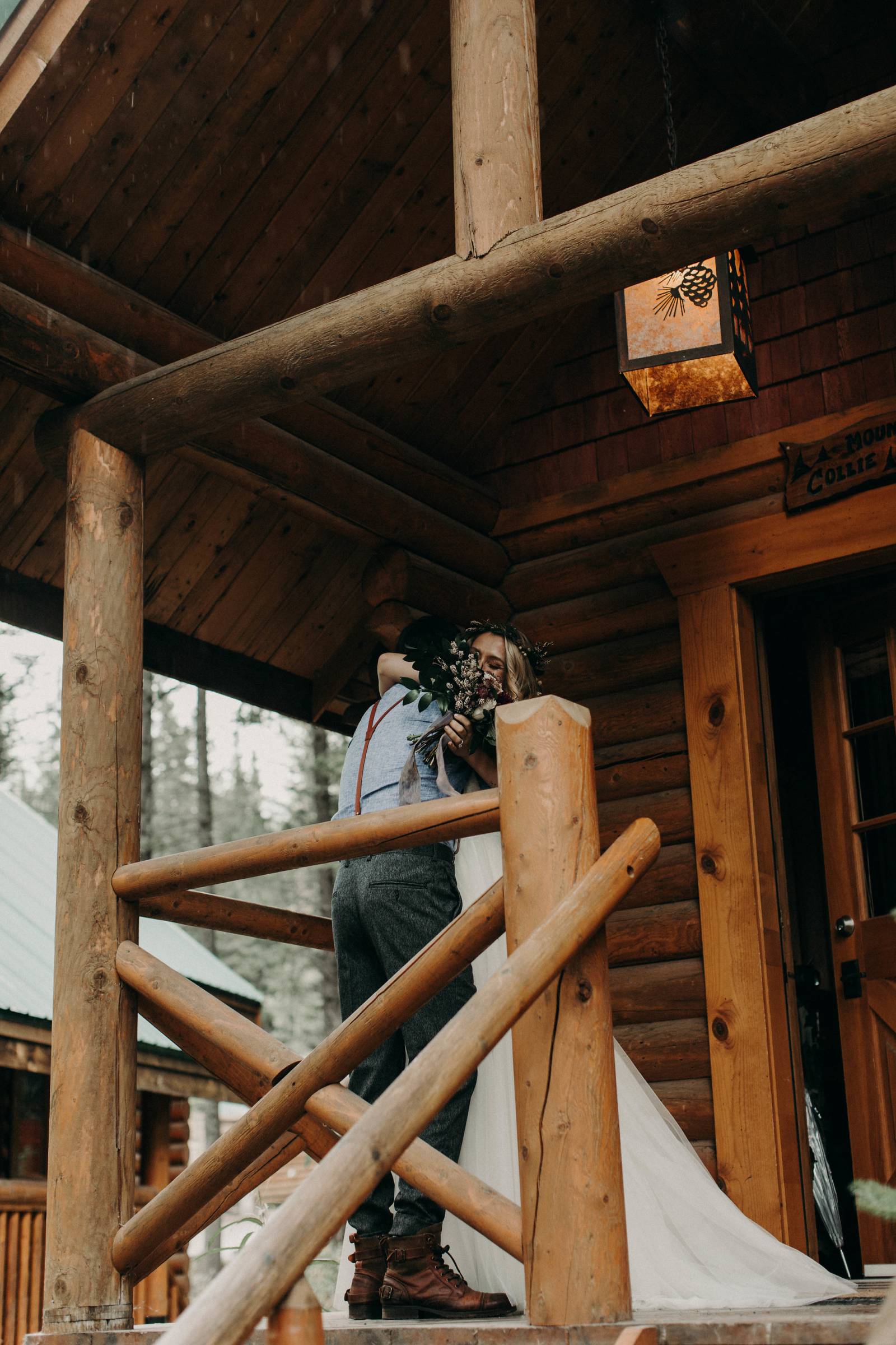 first look | rustic Banff adventure elopement captured by Alberta wedding photographer, Michelle Lar