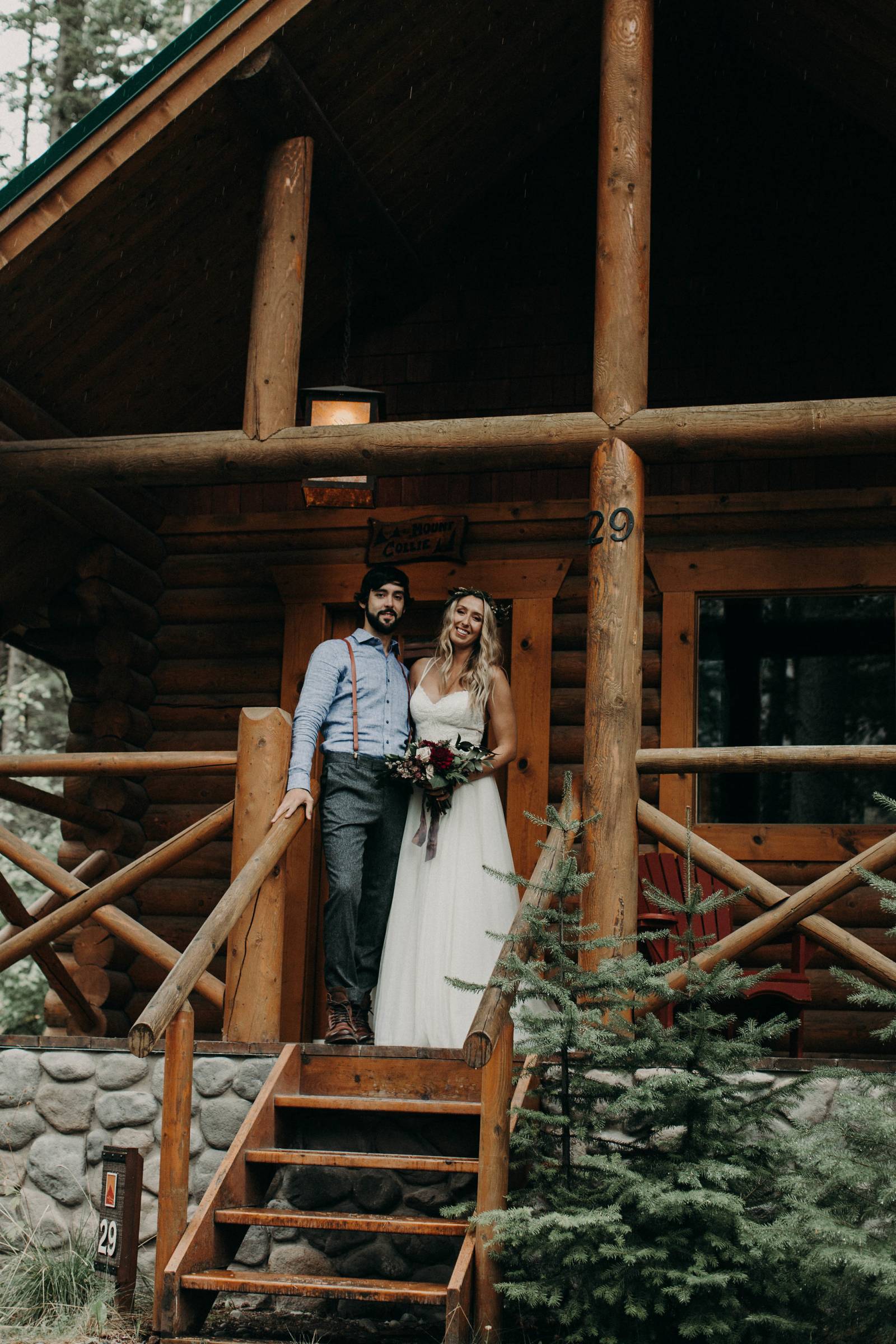 wedding portrait at cabin in Canada | rustic Banff adventure elopement captured by Alberta wedding p
