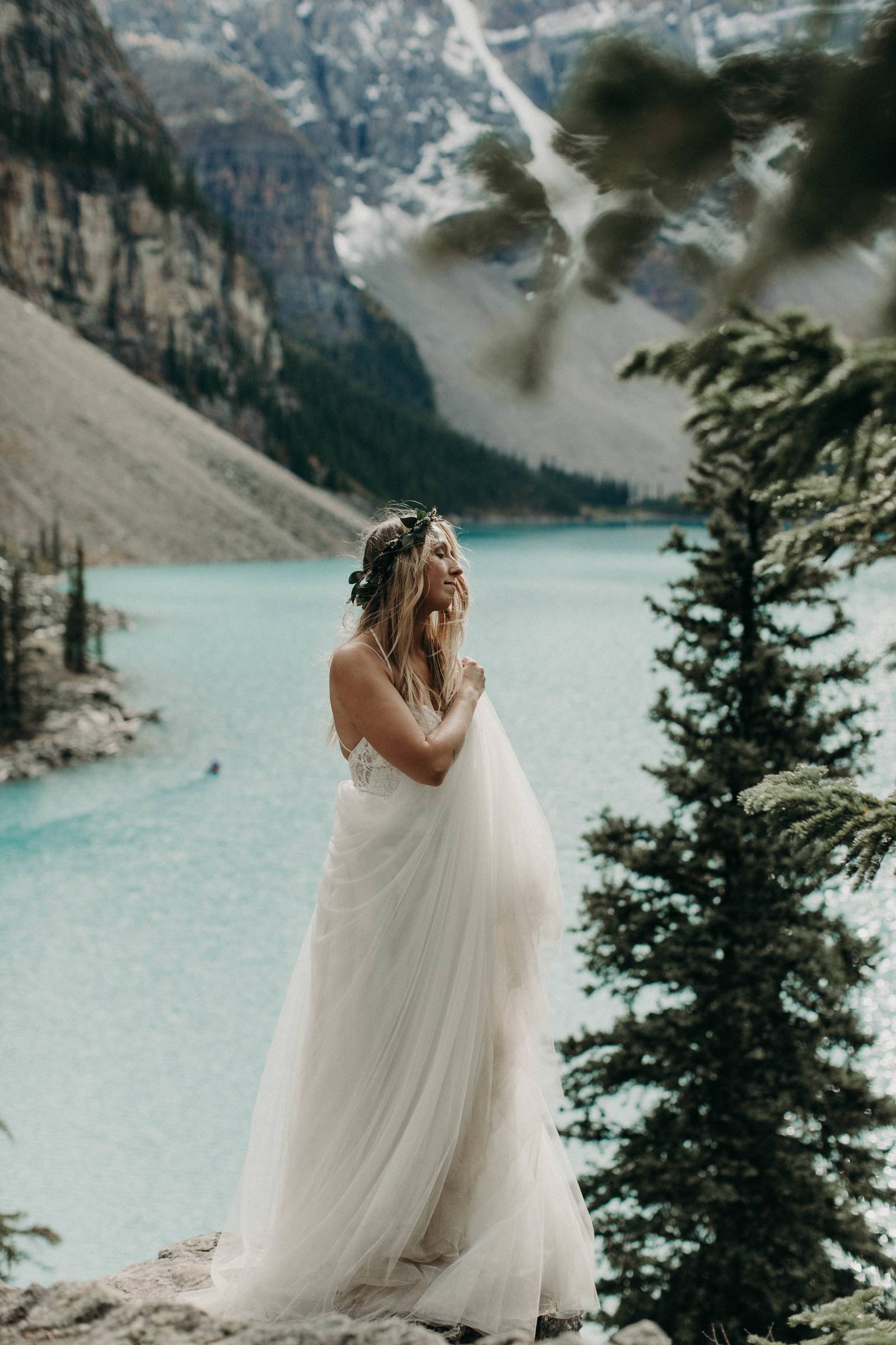 Banff lakeside elopement | romantic destination elopement | bridal portrait