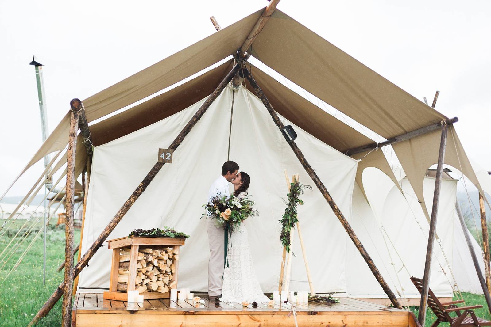 romantic bohemian bride and groom portrait | Yellowstone Under Canvas | Montana wedding venue