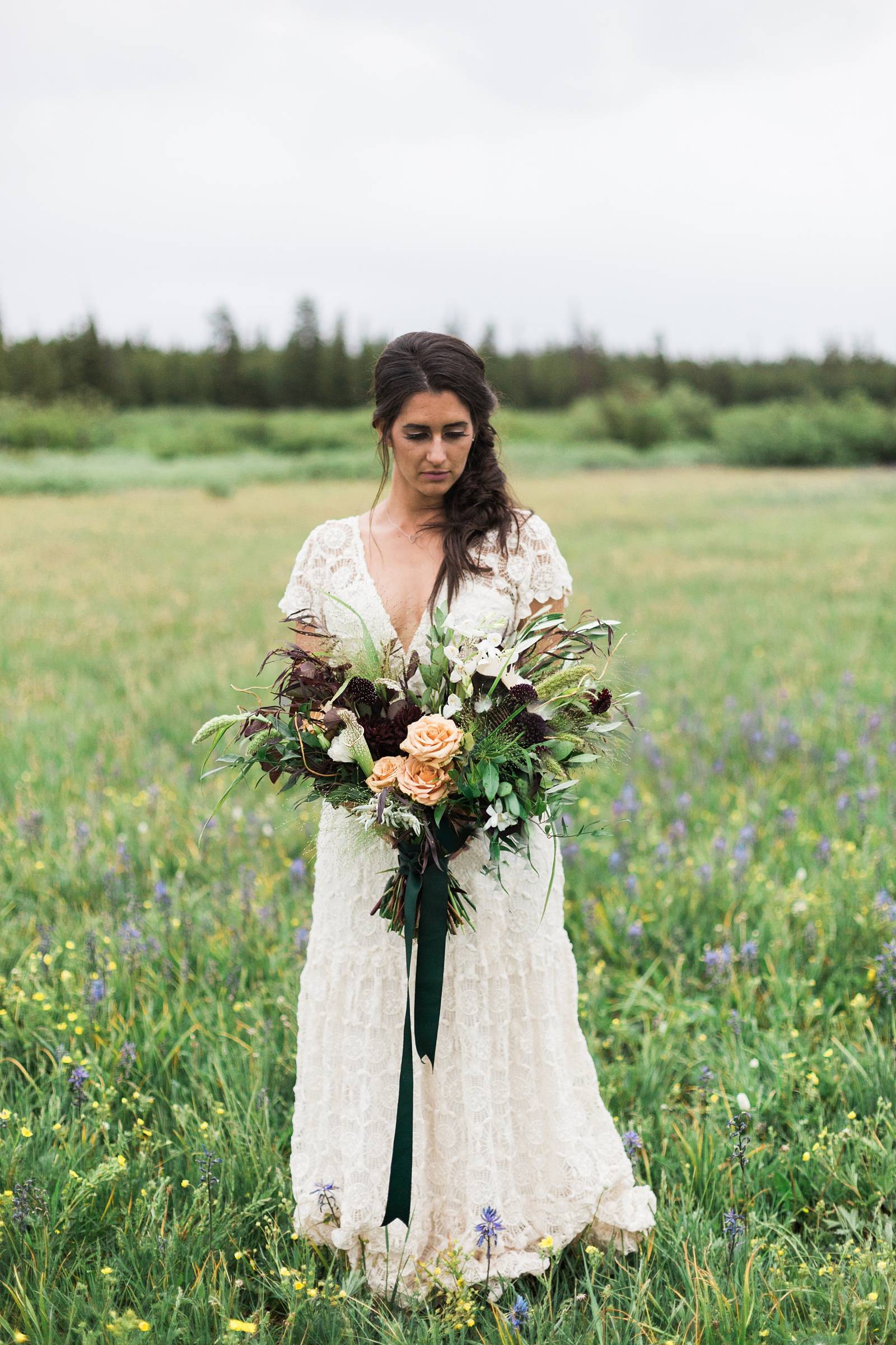 romantic bohemian bridal portrait | Yellowstone Under Canvas | Montana wedding venue