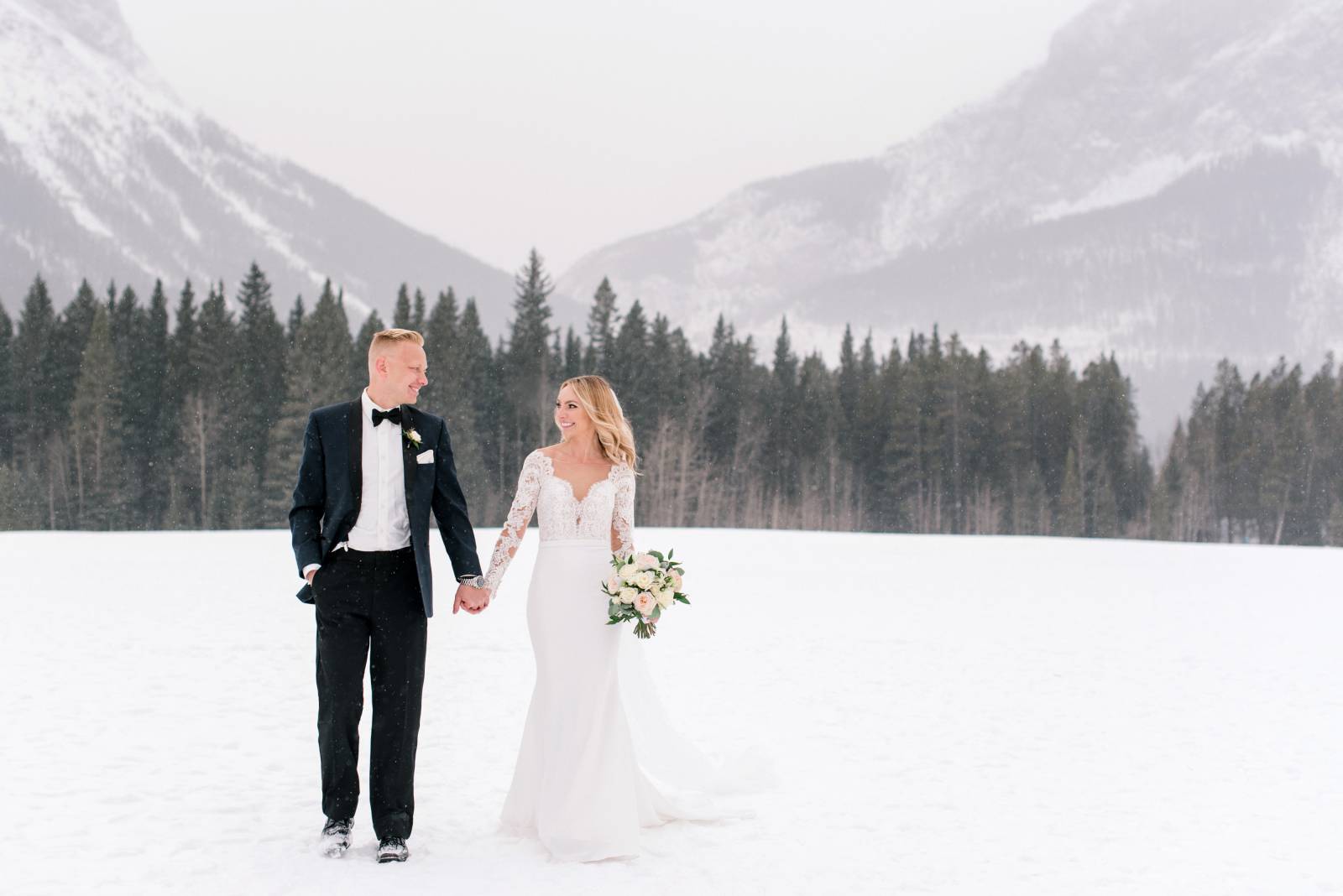 classic wedding day portrait in the snow | Canmore winter wedding inspiration