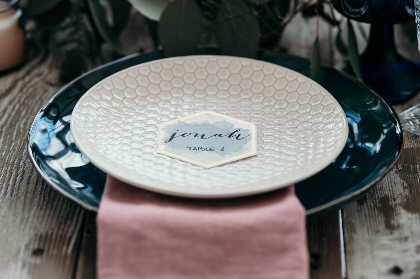 place setting inspo | blue and pink jewel toned wedding inspiration | Montana styled shoot
