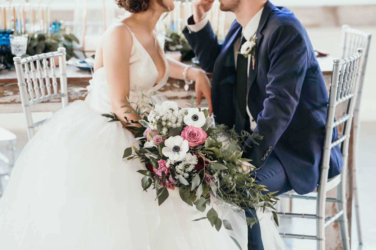 bride and groom portrait captured by Honeybee Weddings | blue and pink jewel toned wedding inspirati