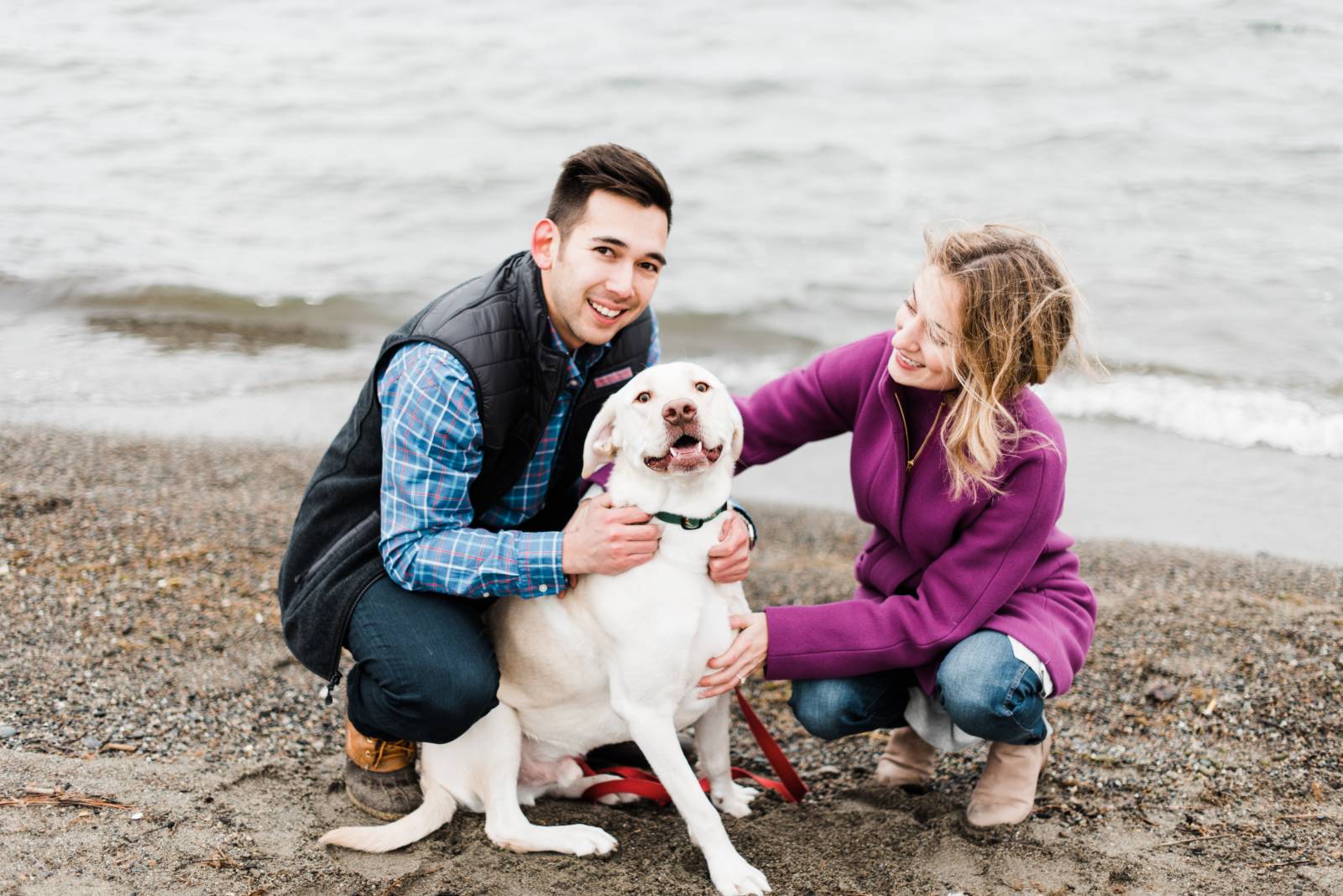 winter engagement photoshoot with furry friend