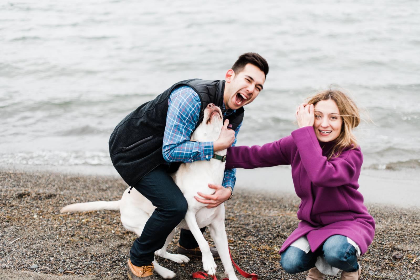 winter engagement photoshoot with furry friend