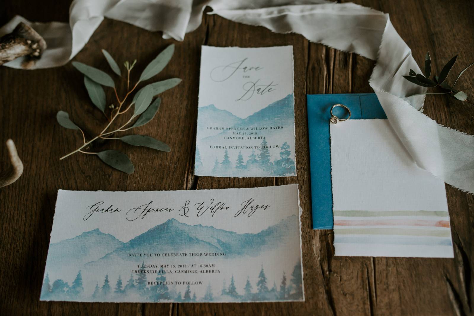 vintage wedding inspiration at Creekside Villa in Canmore | blue wedding invitations