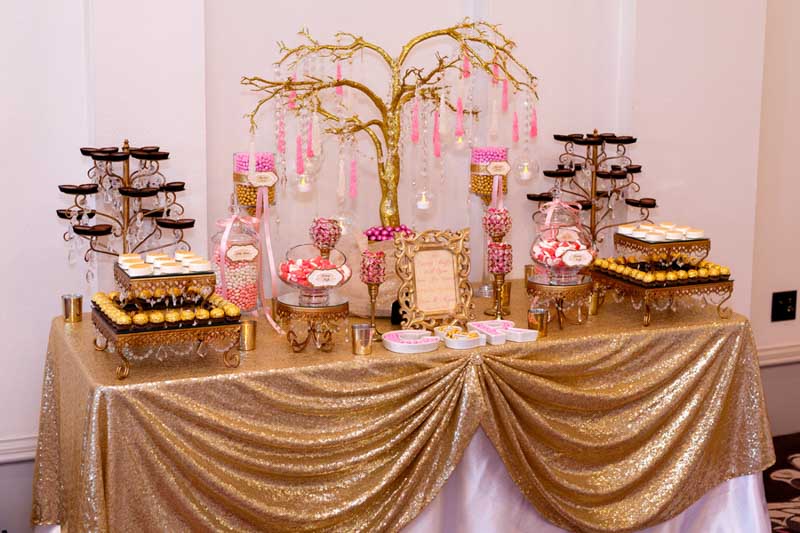 gold and pink candy buffet by Florida Candy Buffets