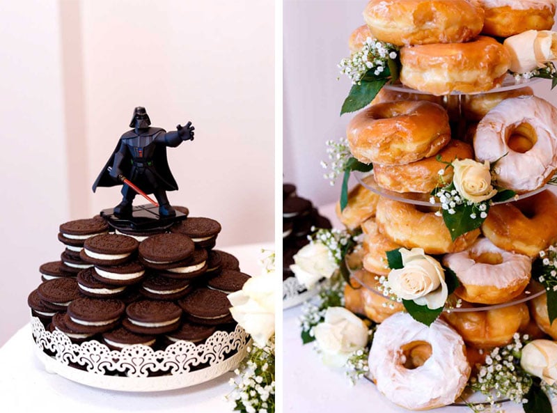 Darth Vader figurine on a stack of Oreos next to a tower of donuts