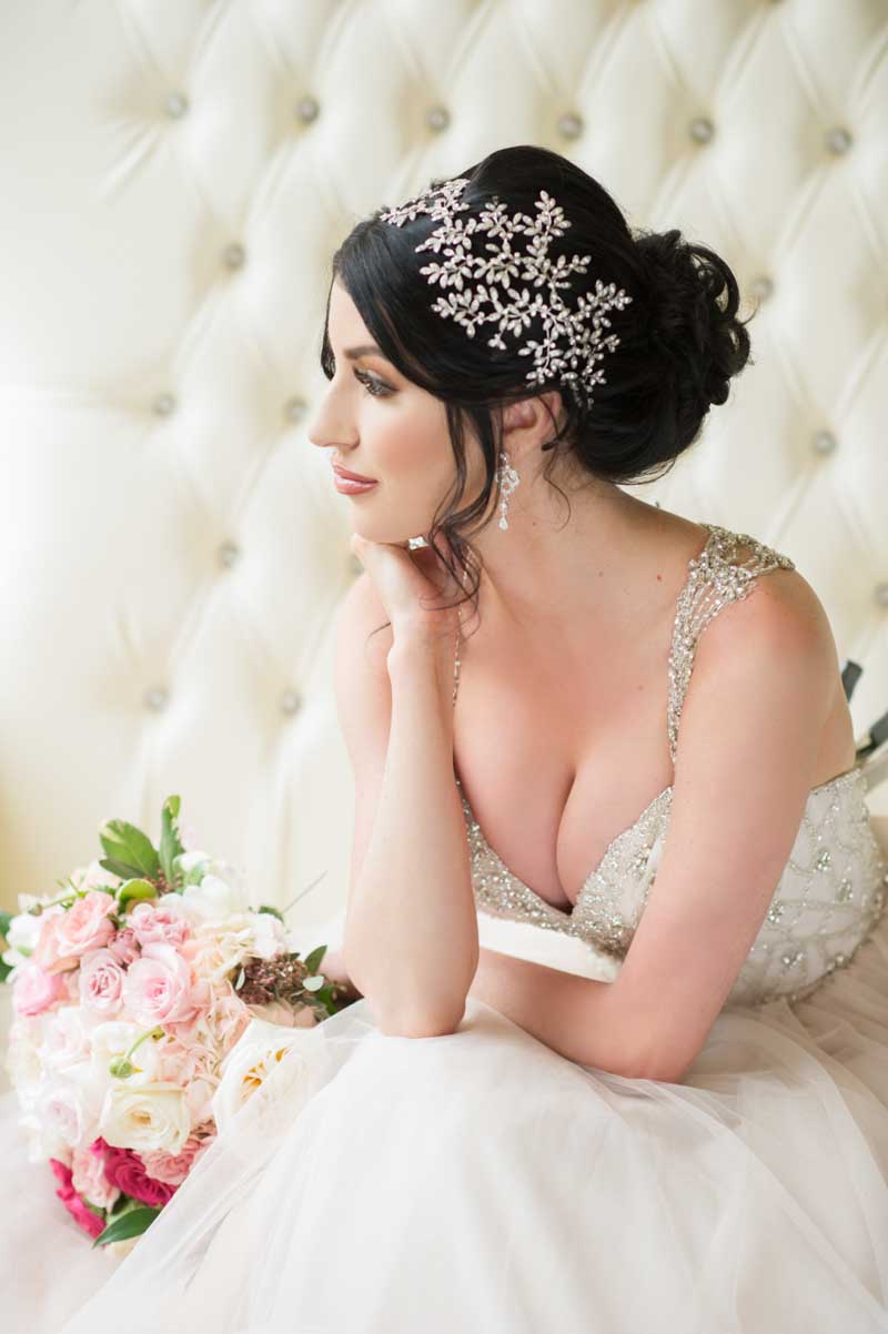 decorative hair piece on bride's updo