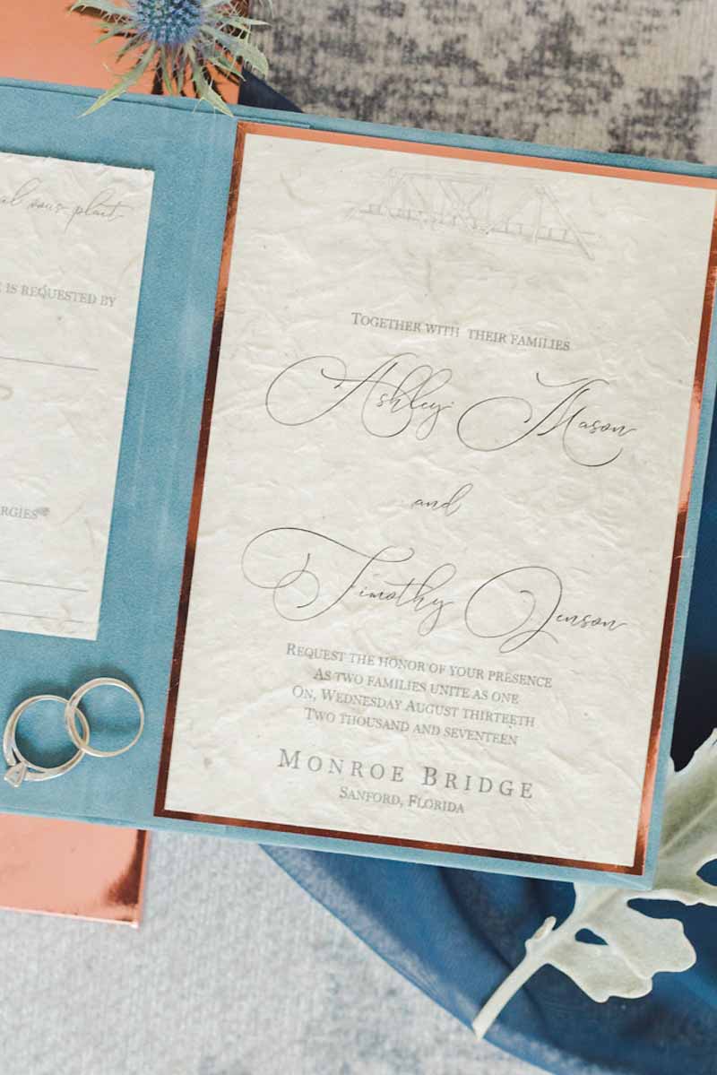 copper rimmed wedding invitation