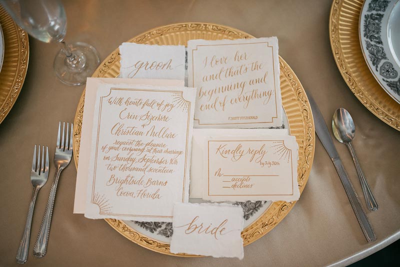 gold calligraphy wedding invitations on gold charger