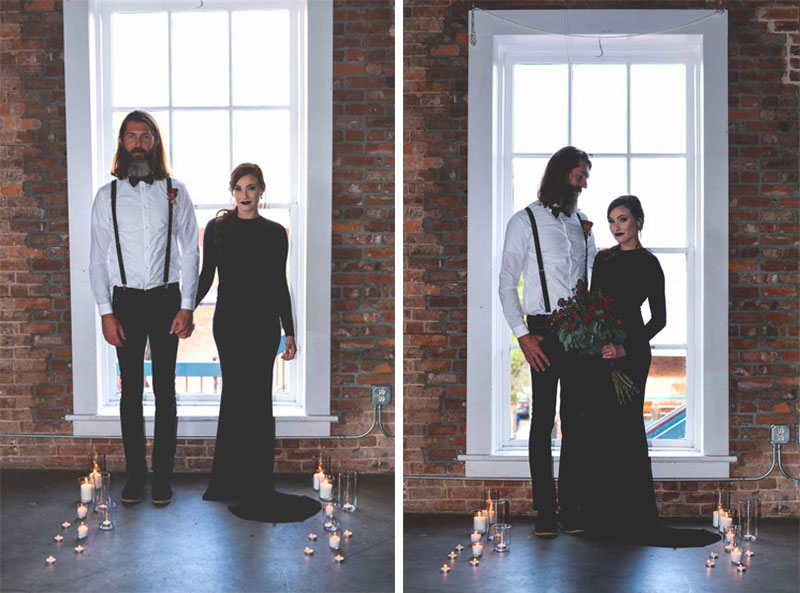bride and groom standing in front of large window