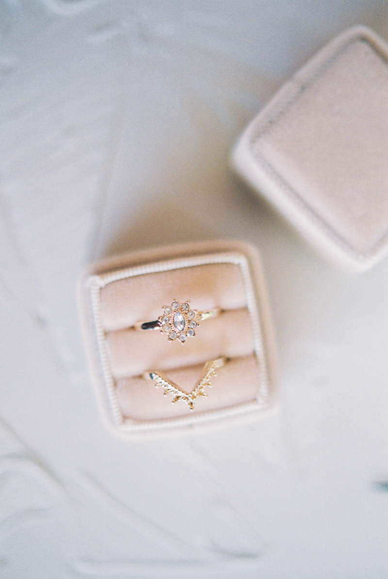 engagement and wedding band in light pink ring box