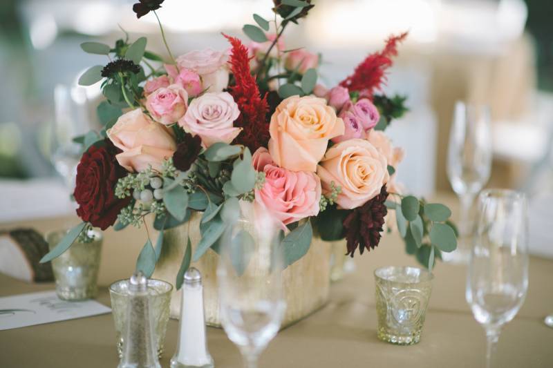 Peach, pink, and green rose centerpiece